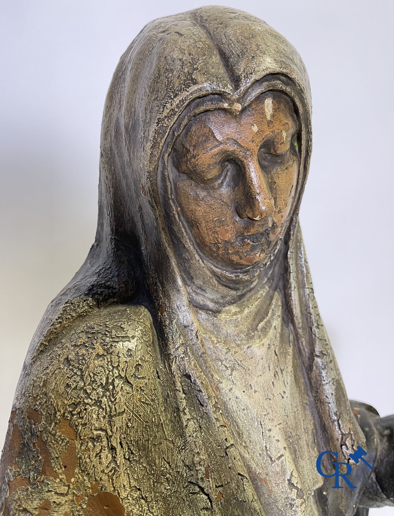 Imposing 17th century polychrome wooden statue of a Saint accompanied by a cow, a pig and a sheep.