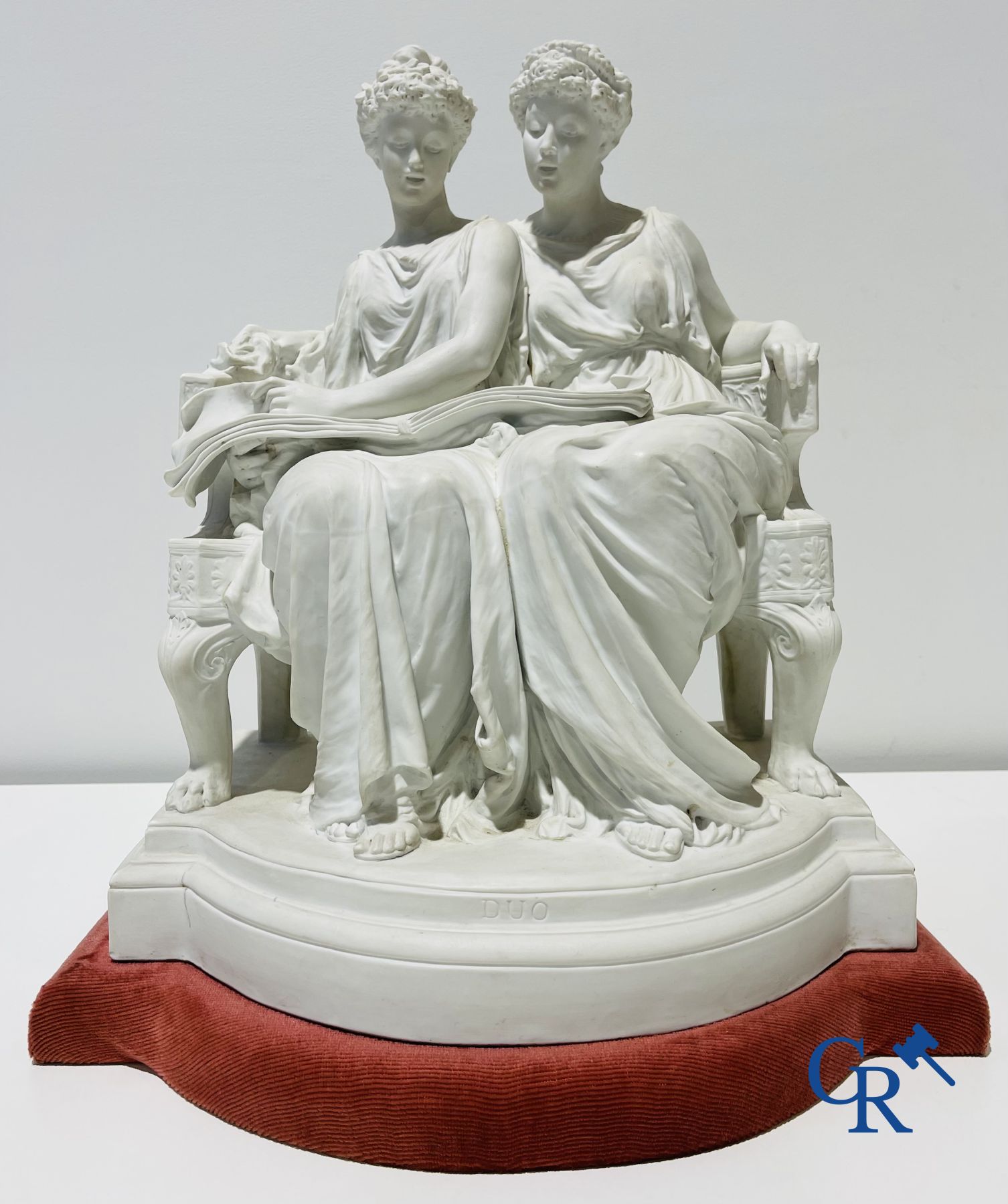 Edouard Lantéri  (1848-1917)  "Duo" Imposing statue in white biscuit in Neoclassical style on a matching pedestal.