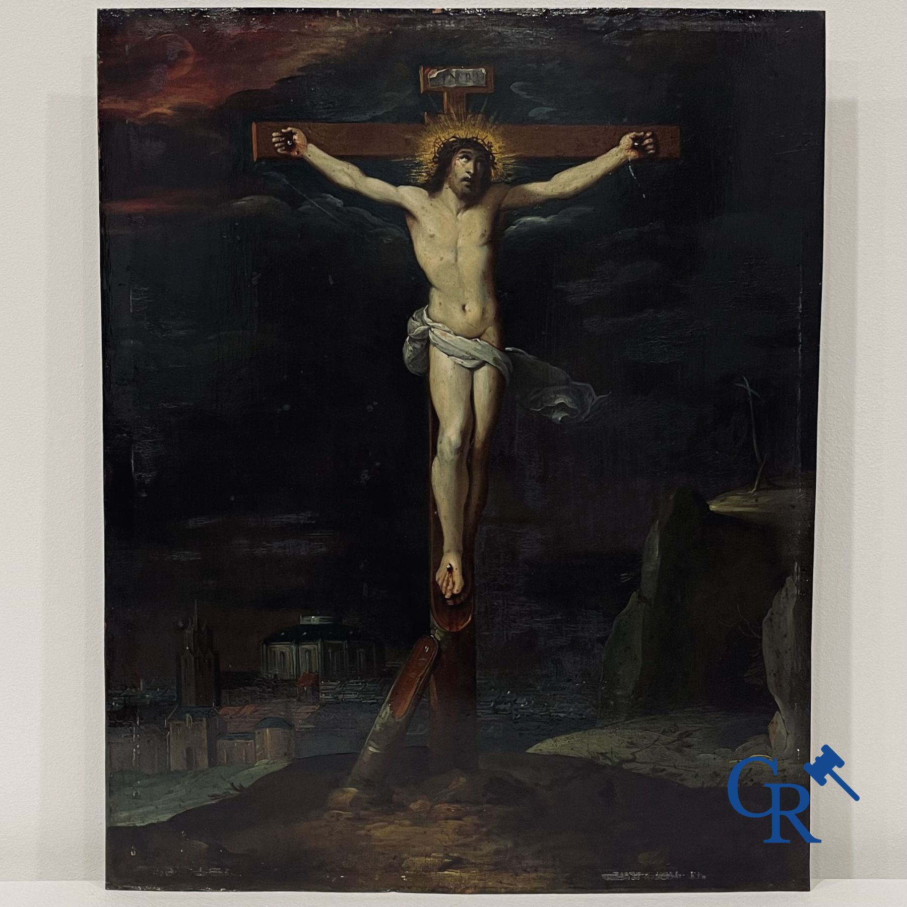 École flamande : Christ sur la croix. Huile sur cuivre. XVIe-XVIIe siècle.