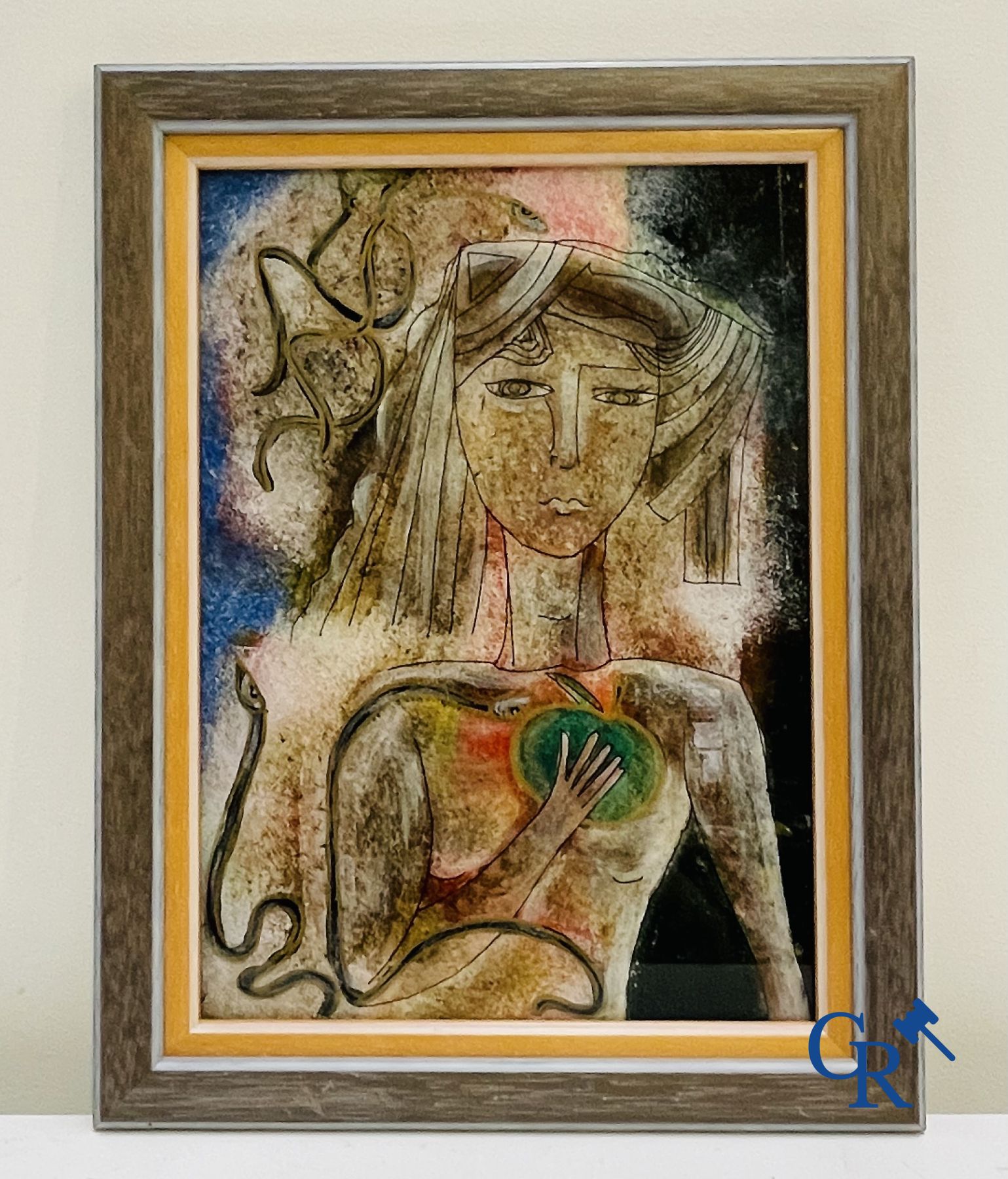 A lot of 2 églomisé paintings, a work by Anto Diez and an illegibly signed work.