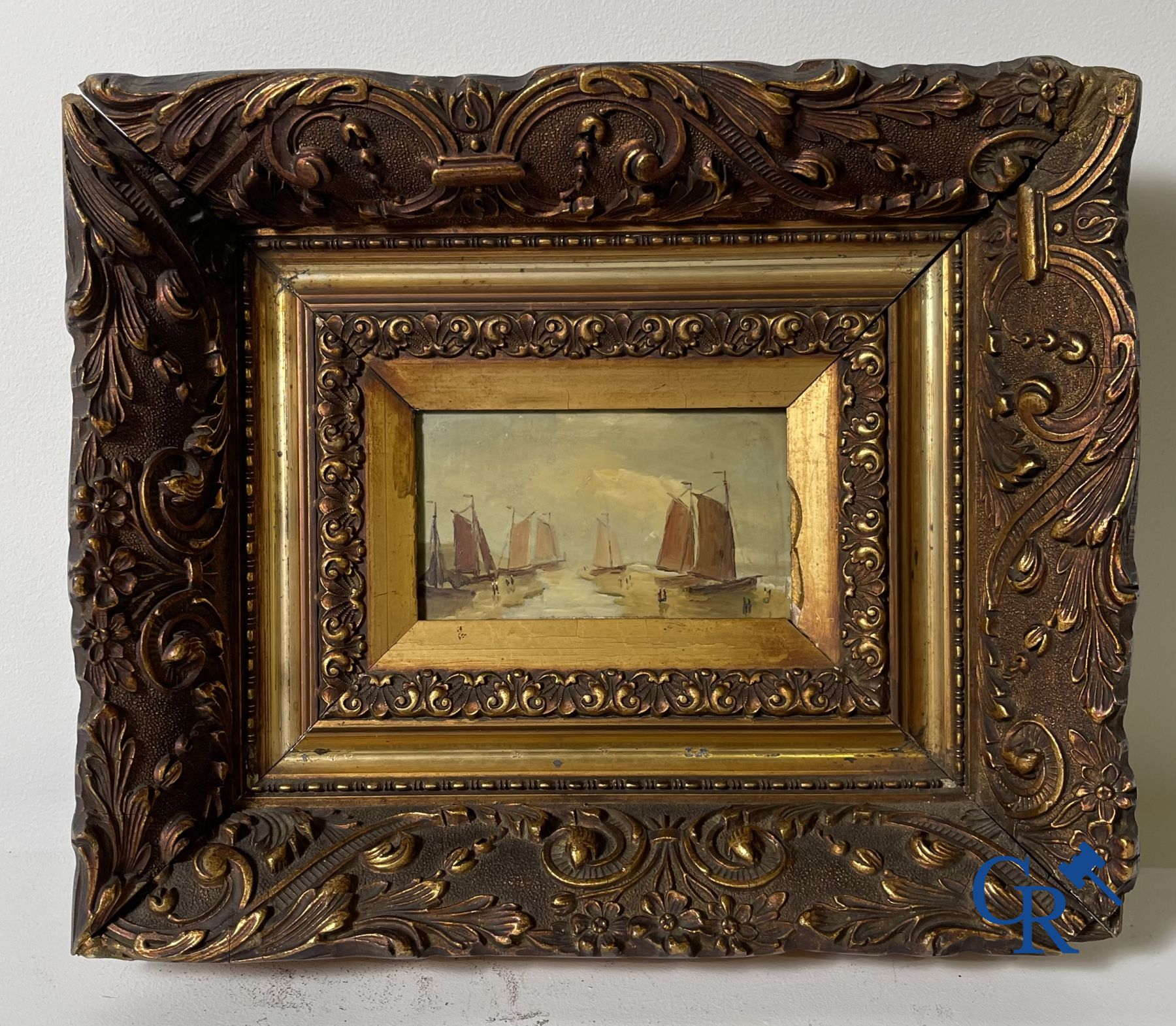 2 Peintures: Edouard Vanderhaeghen. Voilier dans les polders et vue sur la mer. Signé de manière illisible.