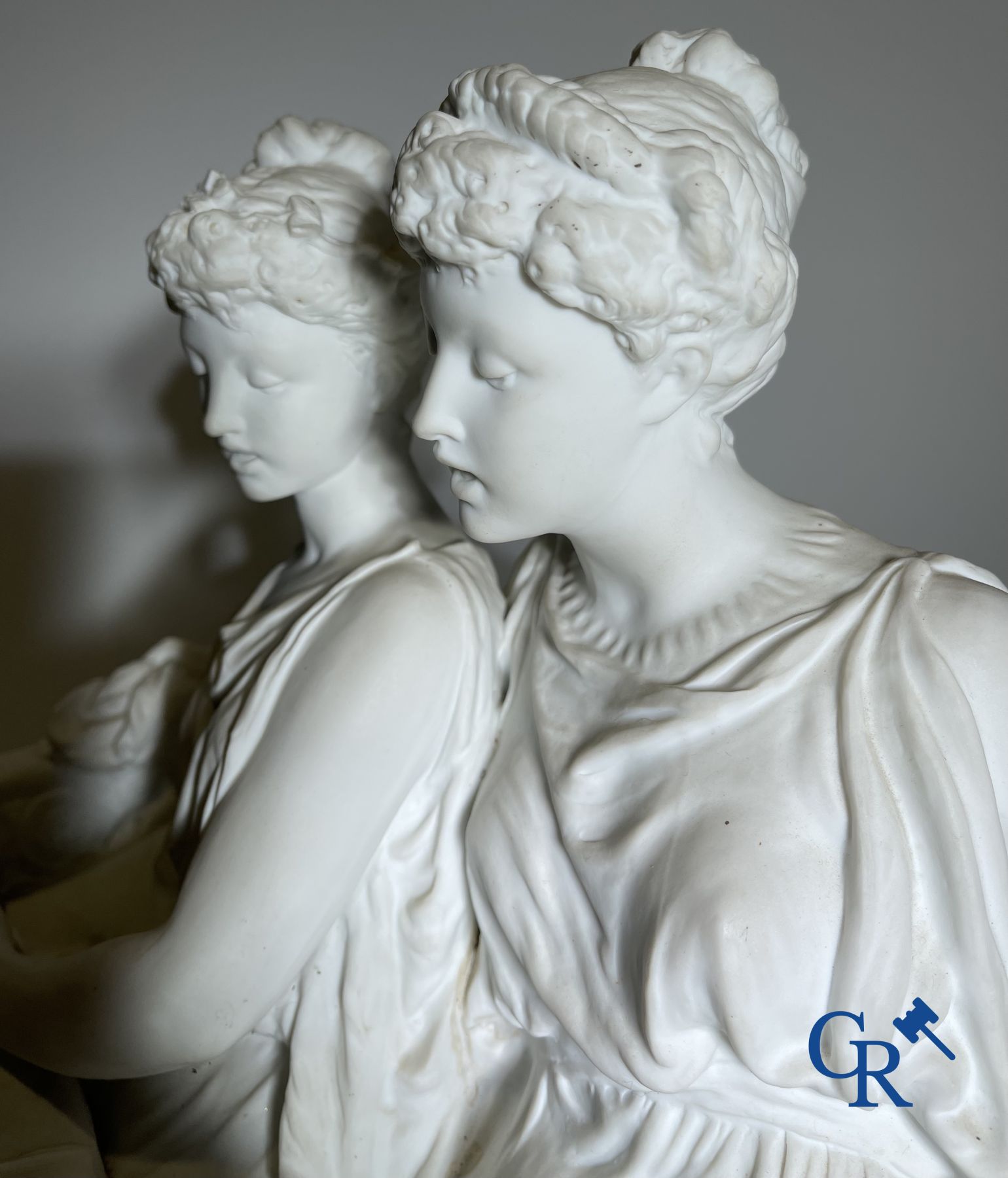 Edouard Lantéri  (1848-1917)  "Duo" Imposing statue in white biscuit in Neoclassical style on a matching pedestal.