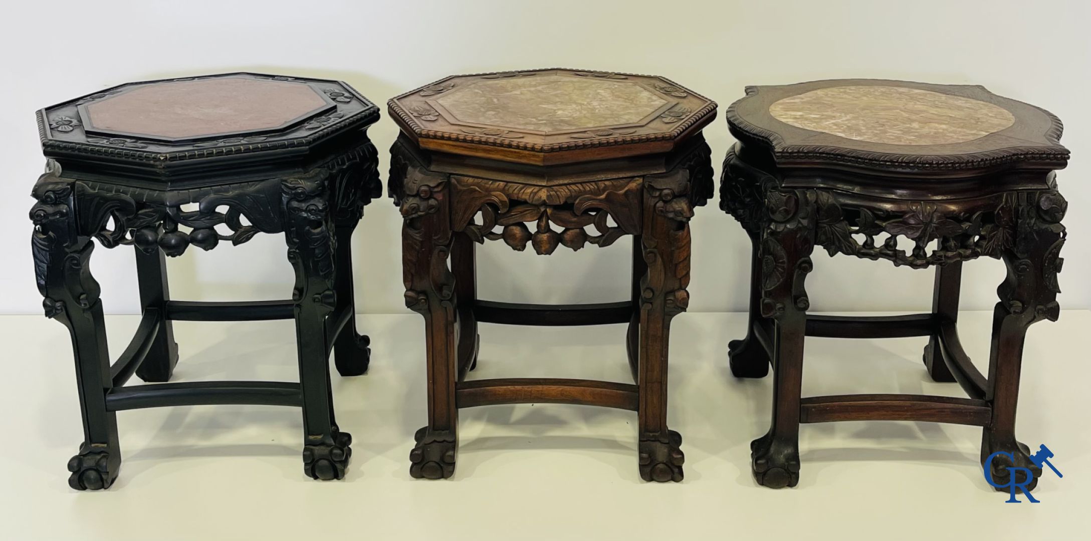 Asian Art: A lot of 6 Chinese wooden pedestals and a large wood-carved Chinese sage.