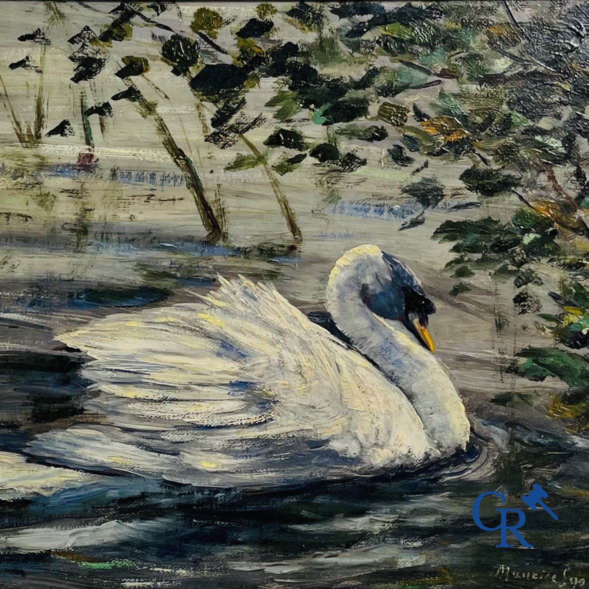 Peinture: Maurice Sijs (*) (1880-1972). Le cygne blanc. Huile sur panneau.