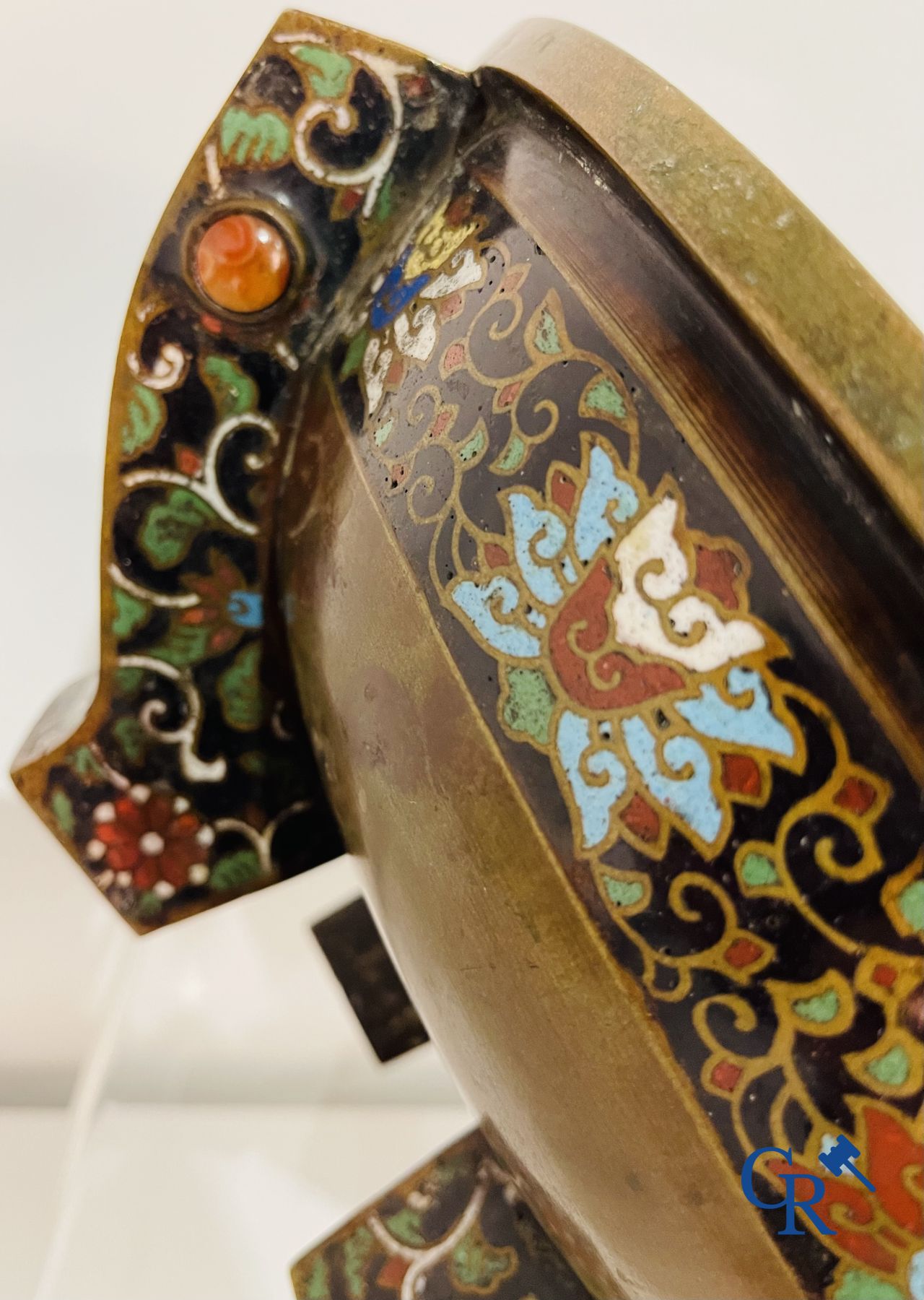 Asian Art: A three-legged bronze and cloisonne incense burner. Marked.