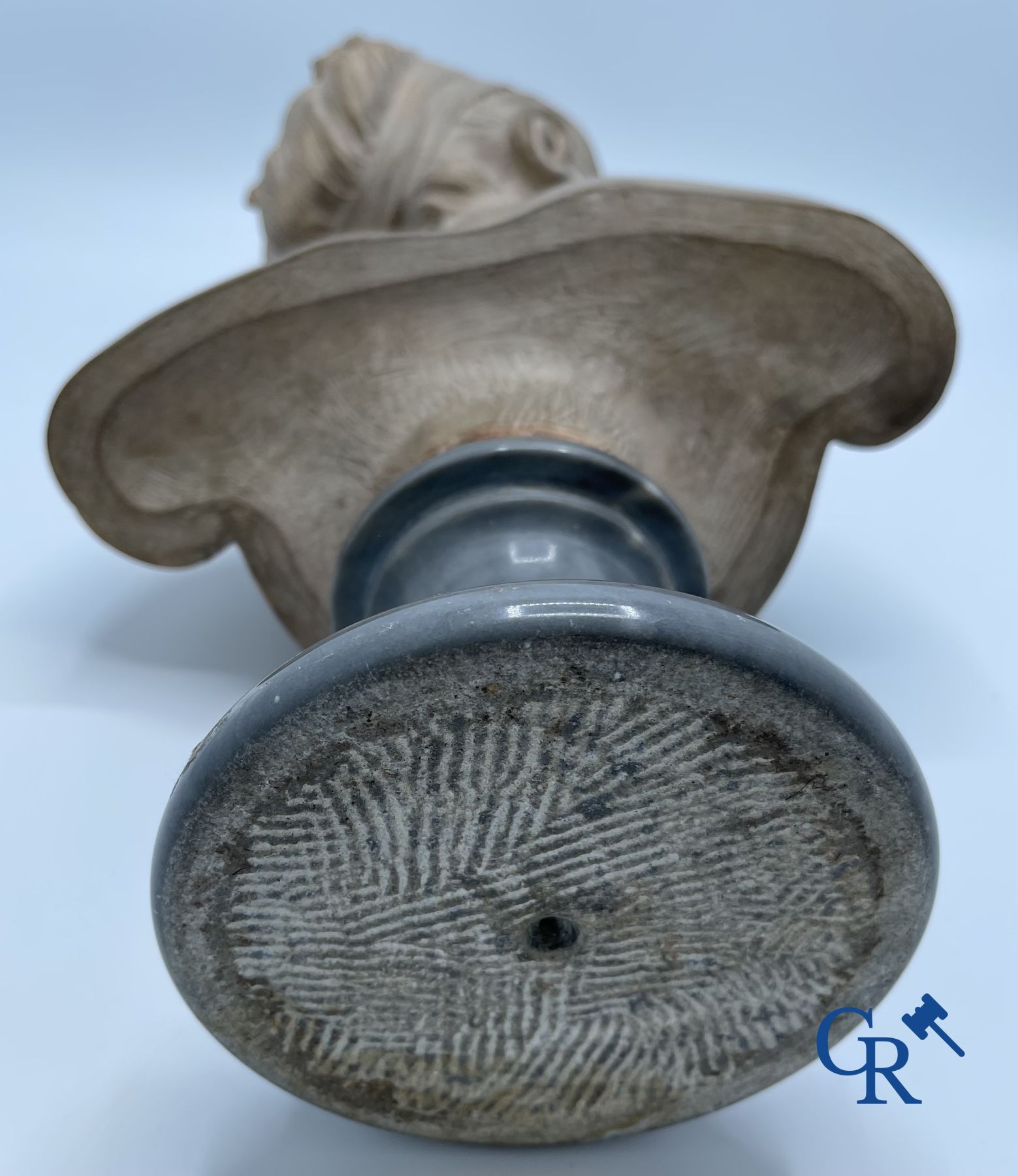 A bust in terre cuite on a blue gray marble pedestal. 19th century.