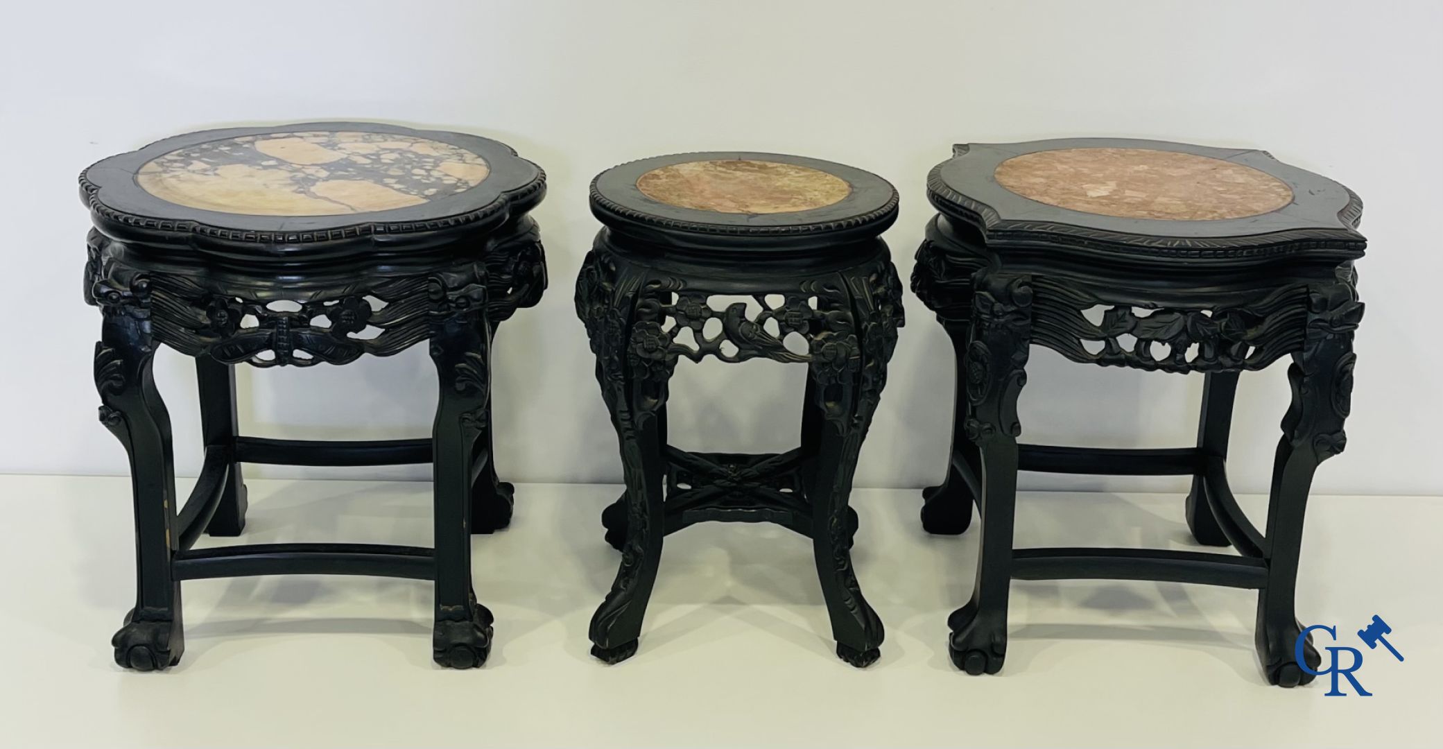 Asian Art: A lot of 6 Chinese wooden pedestals and a large wood-carved Chinese sage.
