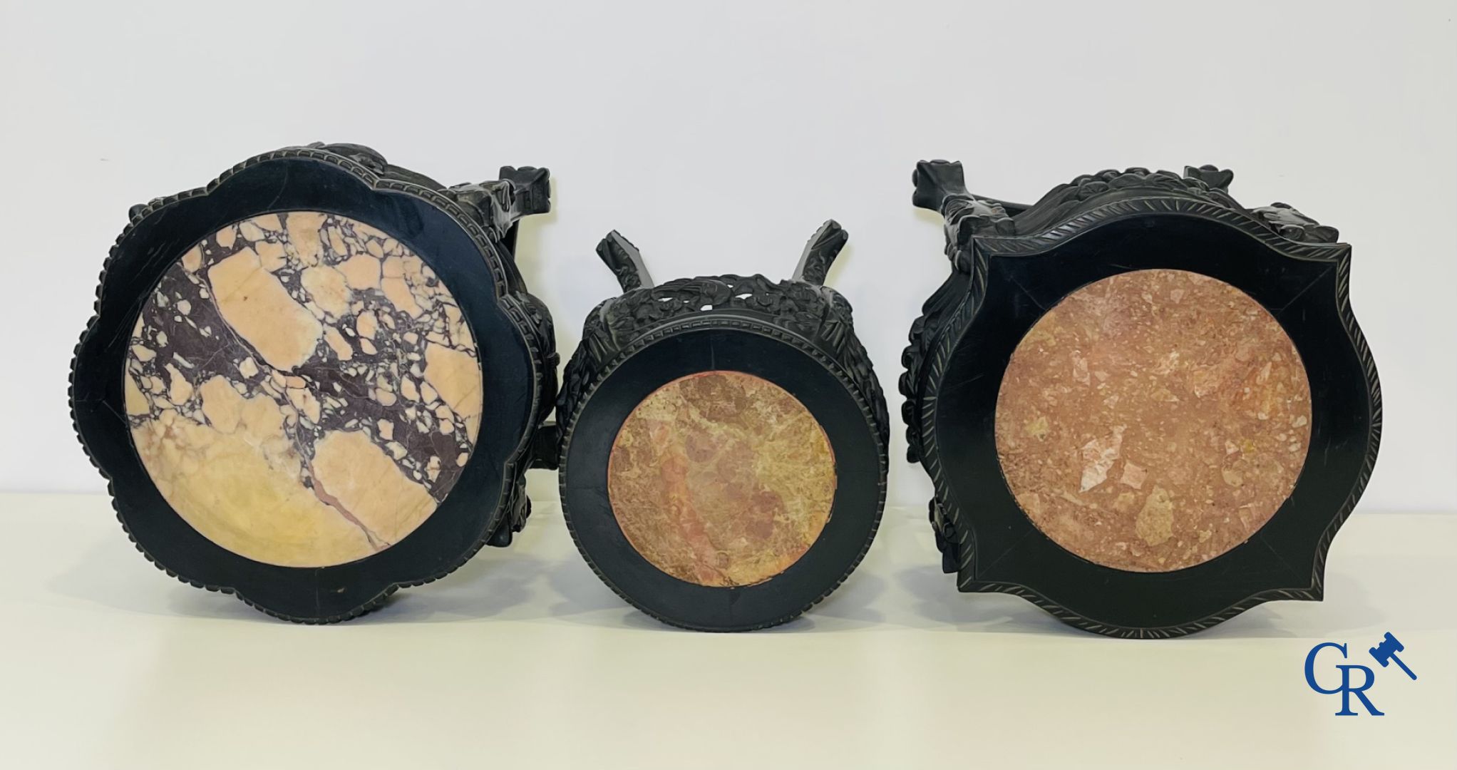 Asian Art: A lot of 6 Chinese wooden pedestals and a large wood-carved Chinese sage.