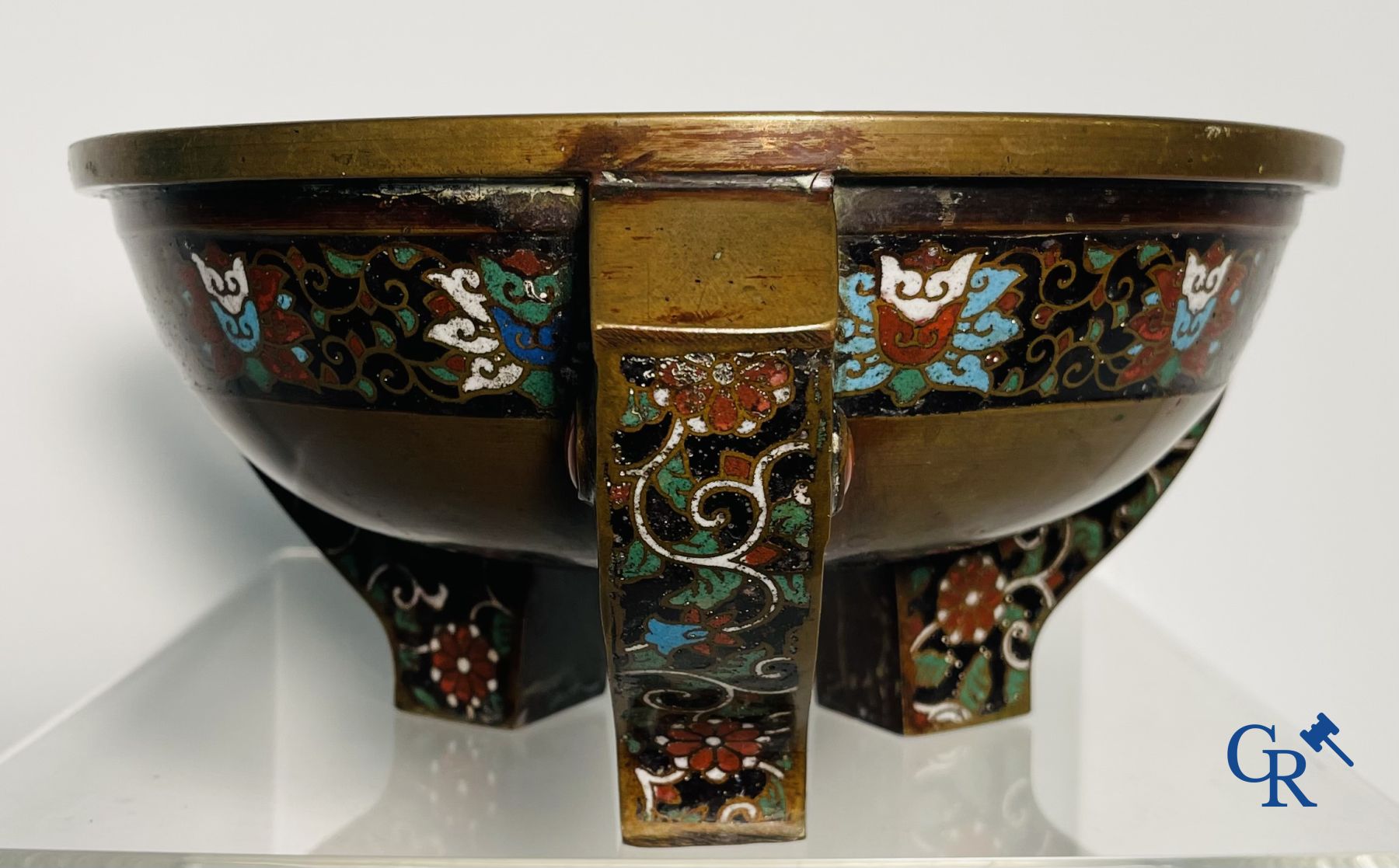Asian Art: A three-legged bronze and cloisonne incense burner. Marked.
