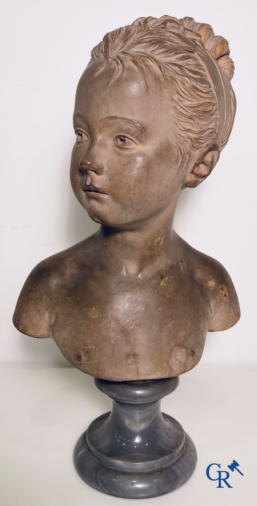 A bust in terre cuite on a blue gray marble pedestal. 19th century.