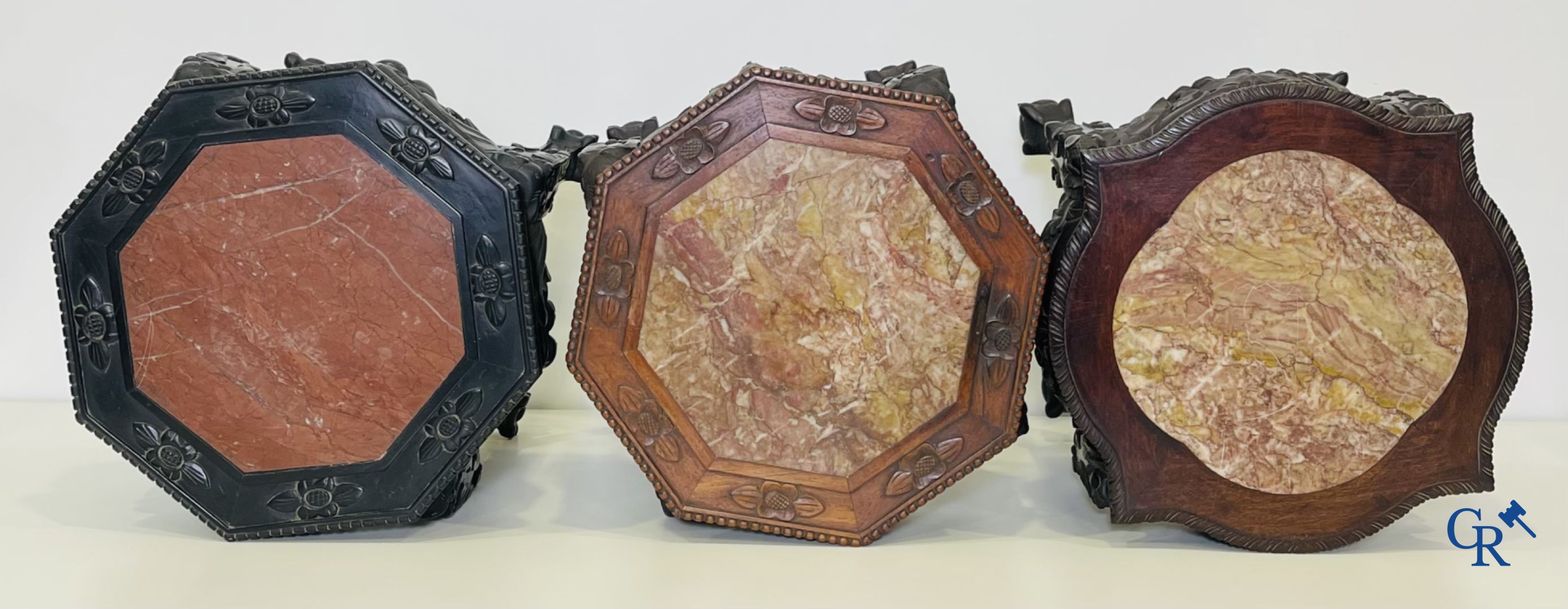 Asian Art: A lot of 6 Chinese wooden pedestals and a large wood-carved Chinese sage.