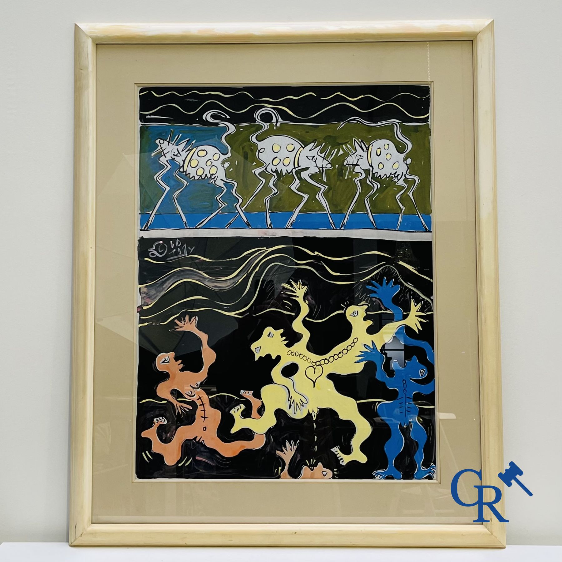 Dimitri Van Coillie: 2 œuvres modernes, huile sur papier et un tirage sur soie signé illisible.