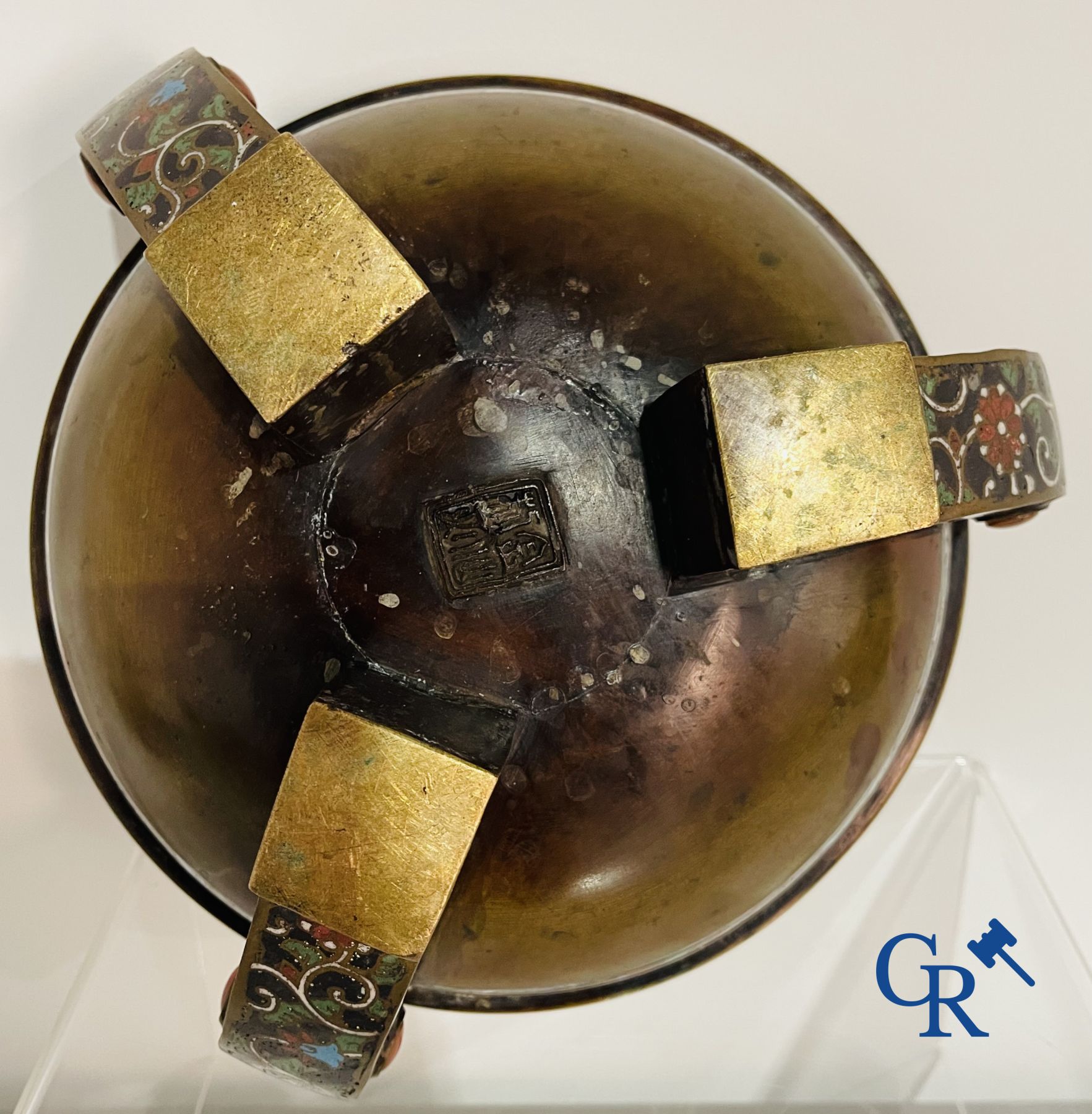 Asian Art: A three-legged bronze and cloisonne incense burner. Marked.