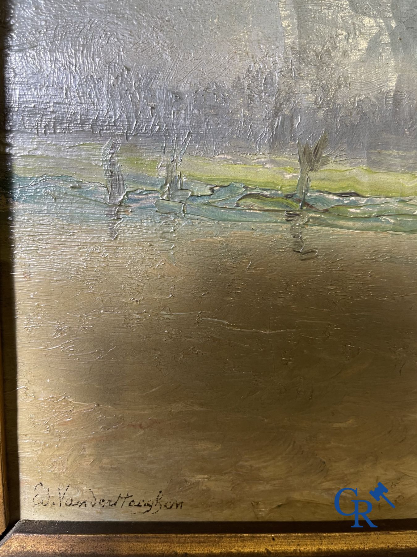 2 Peintures: Edouard Vanderhaeghen. Voilier dans les polders et vue sur la mer. Signé de manière illisible.