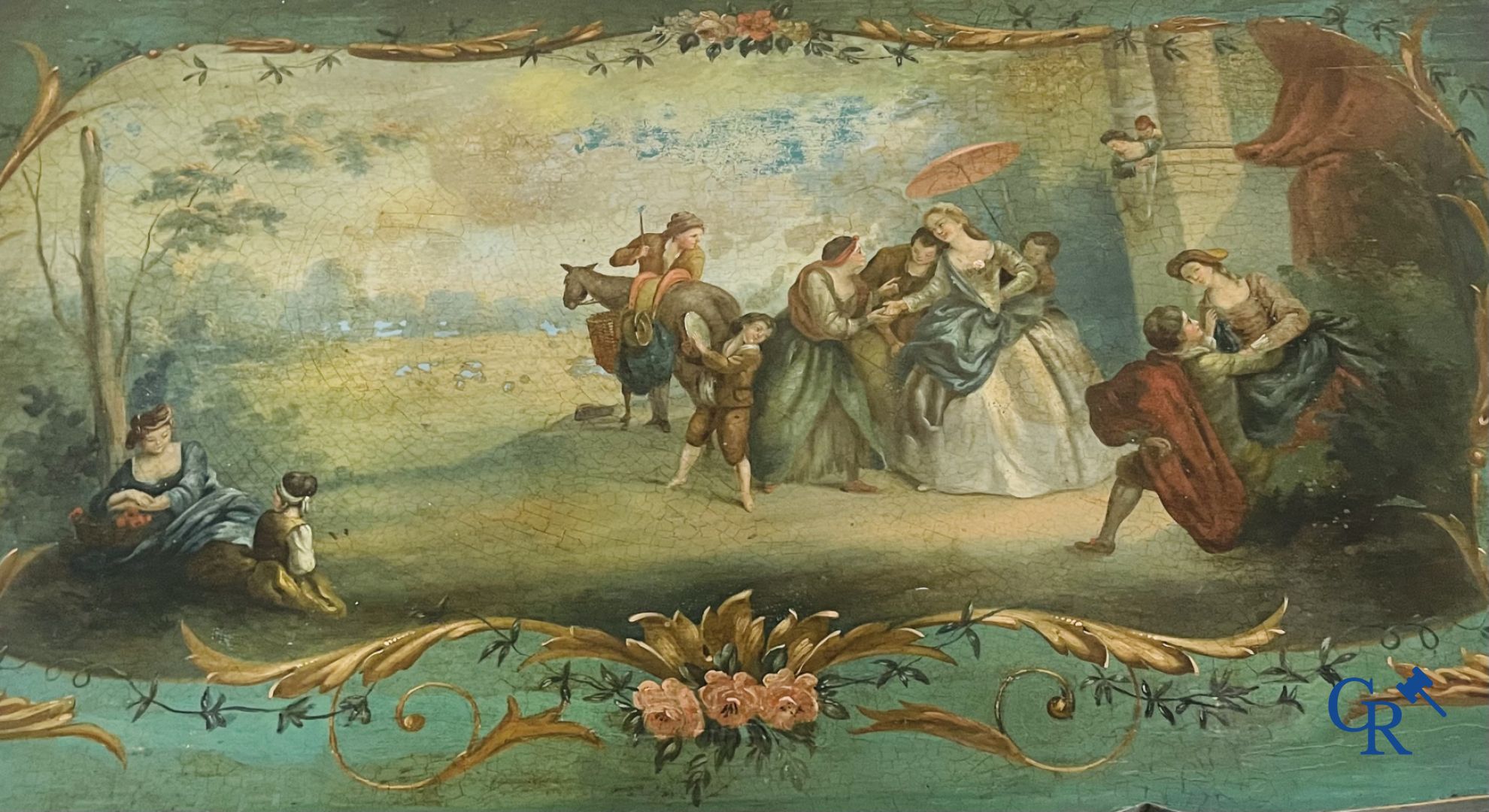 Coiffeuse de dame peinte de scènes galantes, on y joint un fauteuil en cabriolet lacqué d'époque transition Louis XV - Louis XVI.