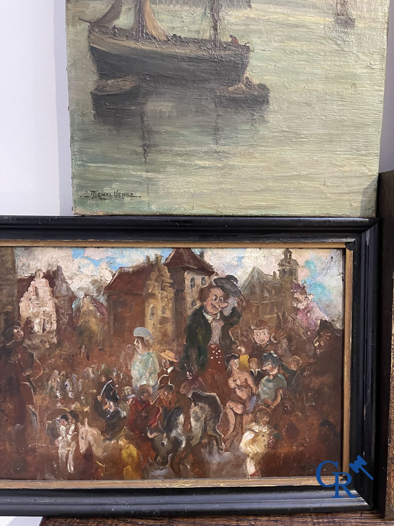 Grand nombre de peintures diverses, dessins à la plume, aquarelles, dessins au fusain et autres.