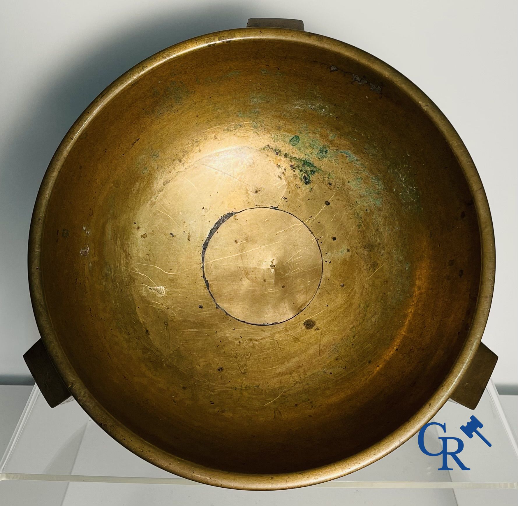 Asian Art: A three-legged bronze and cloisonne incense burner. Marked.