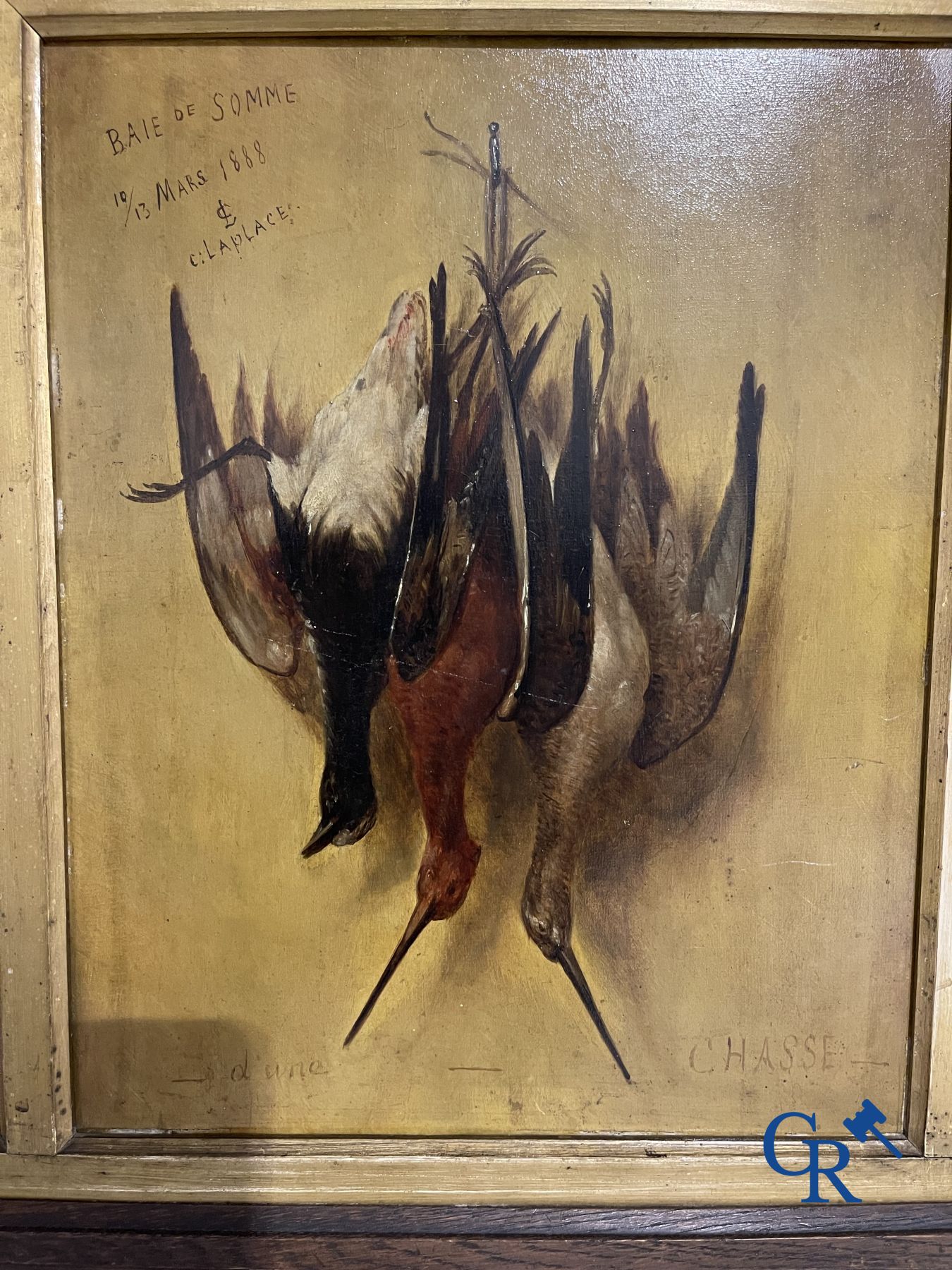 Paintings: Clément Laplage. Oil on panel. 3 Hunting still lifes.