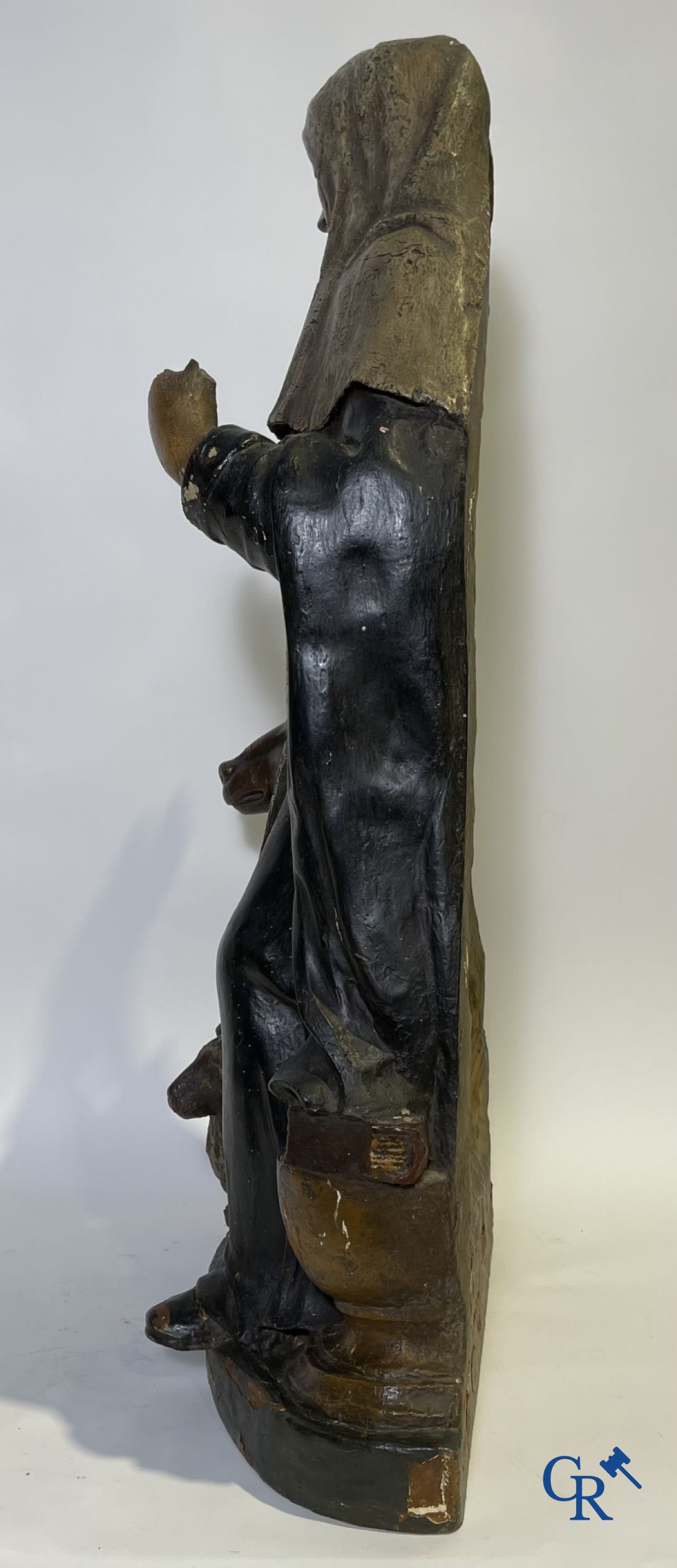 Imposing 17th century polychrome wooden statue of a Saint accompanied by a cow, a pig and a sheep.