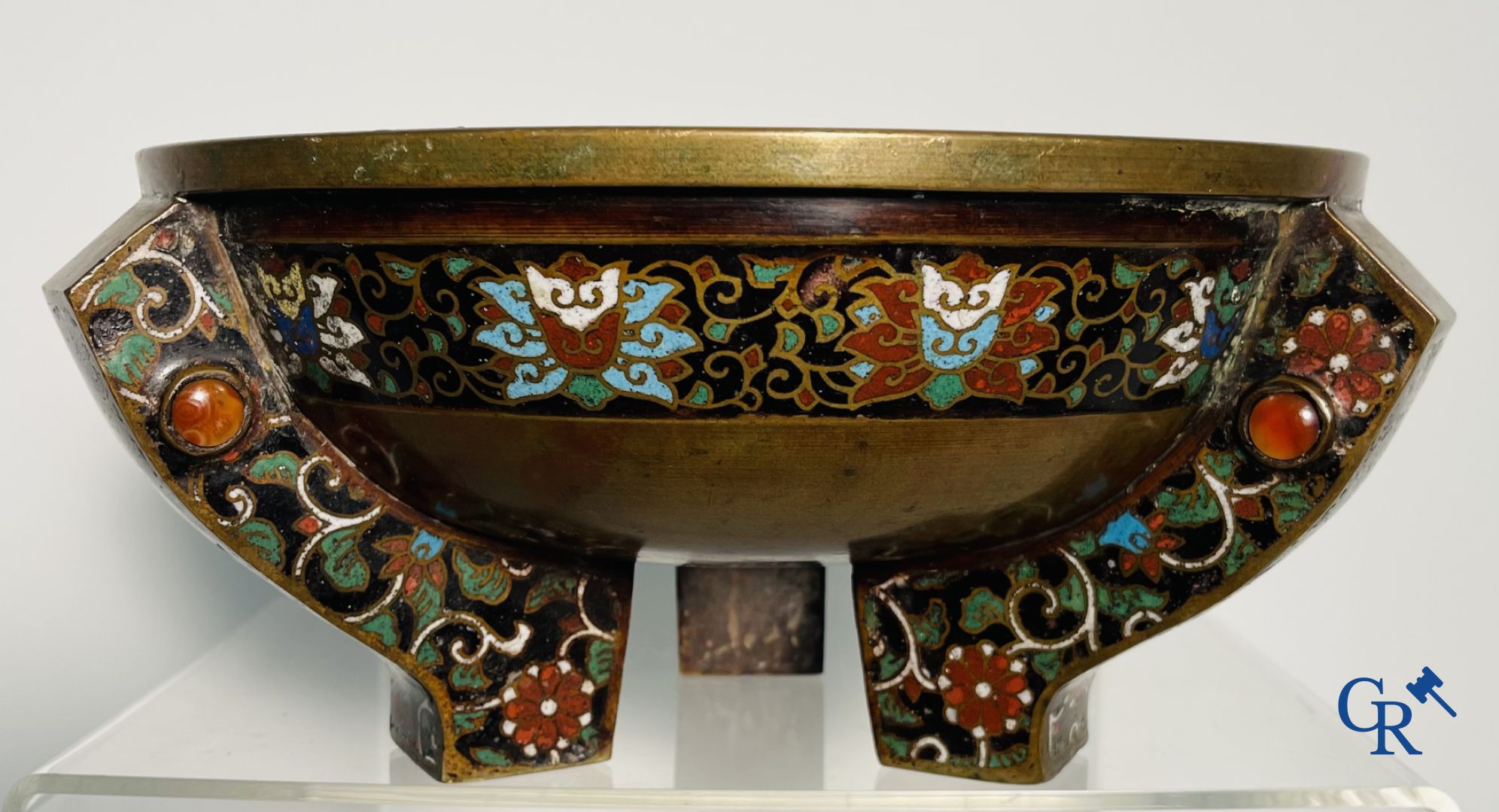 Asian Art: A three-legged bronze and cloisonne incense burner. Marked.
