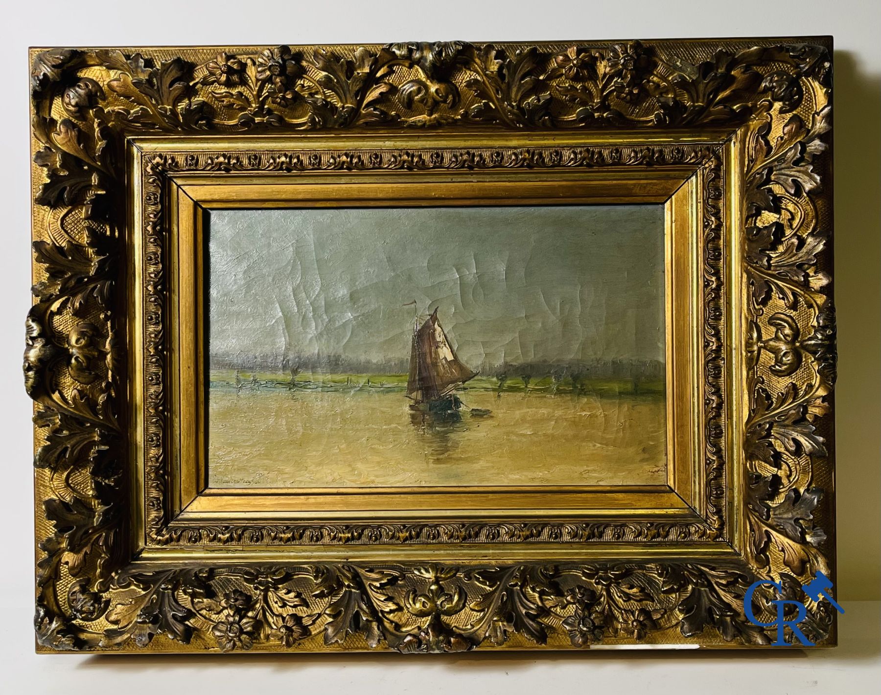 2 Peintures: Edouard Vanderhaeghen. Voilier dans les polders et vue sur la mer. Signé de manière illisible.