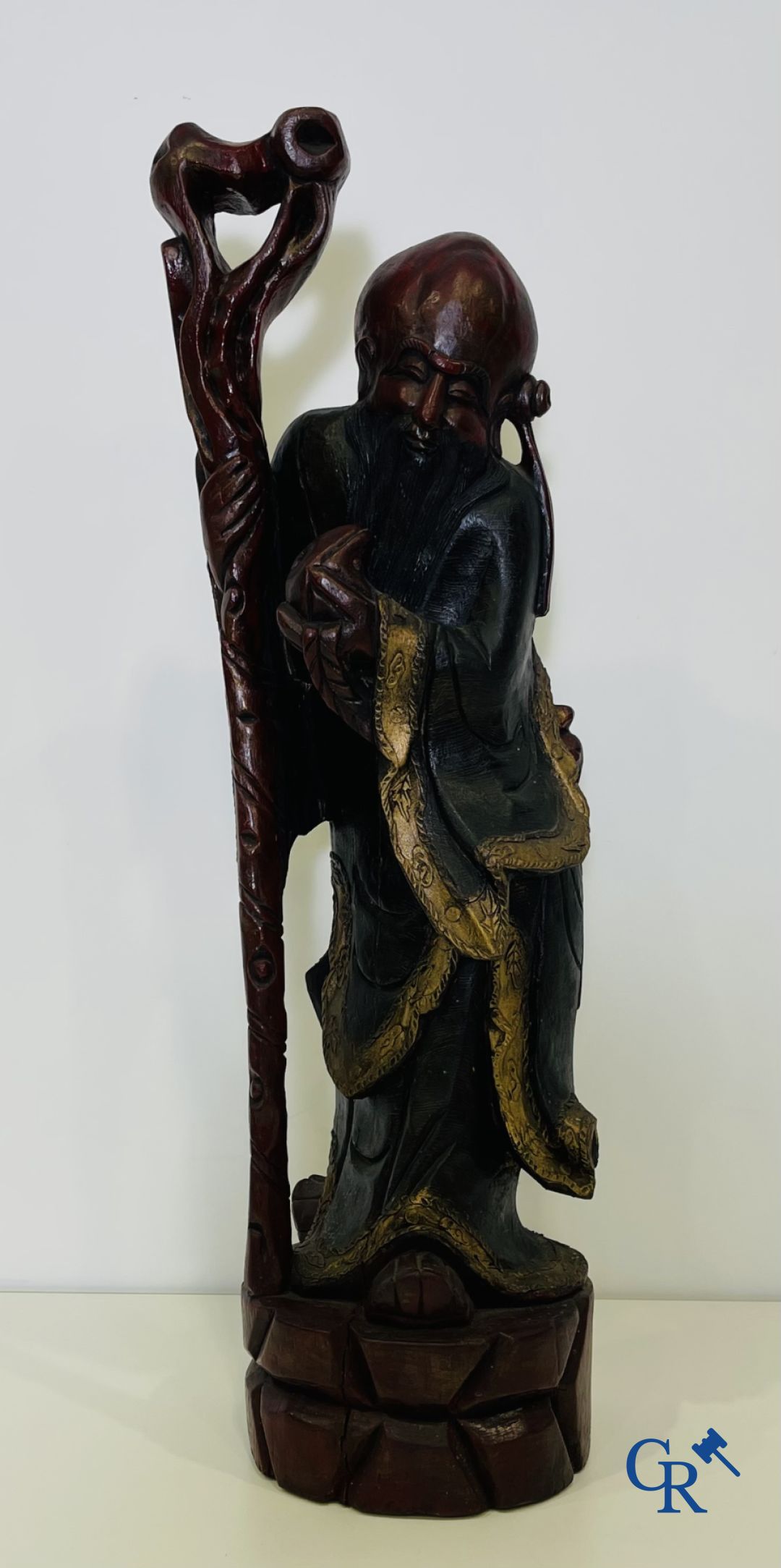 Asian Art: A lot of 6 Chinese wooden pedestals and a large wood-carved Chinese sage.