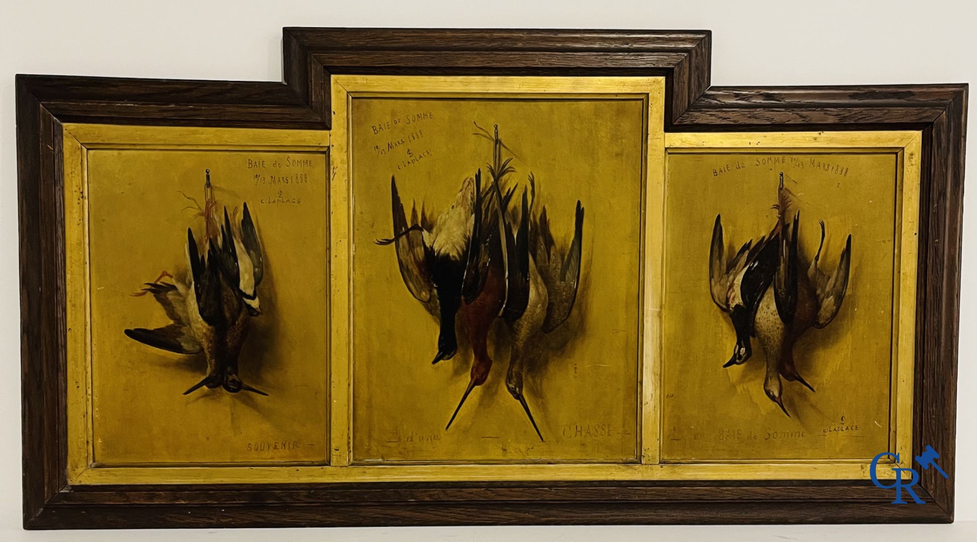 Paintings: Clément Laplage. Oil on panel. 3 Hunting still lifes.