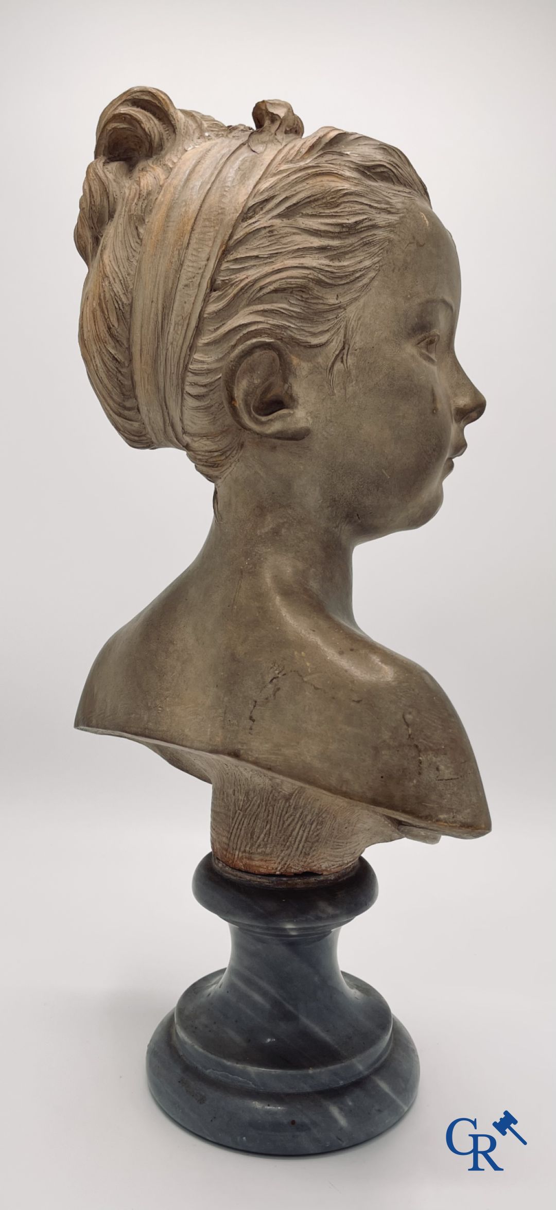 A bust in terre cuite on a blue gray marble pedestal. 19th century.