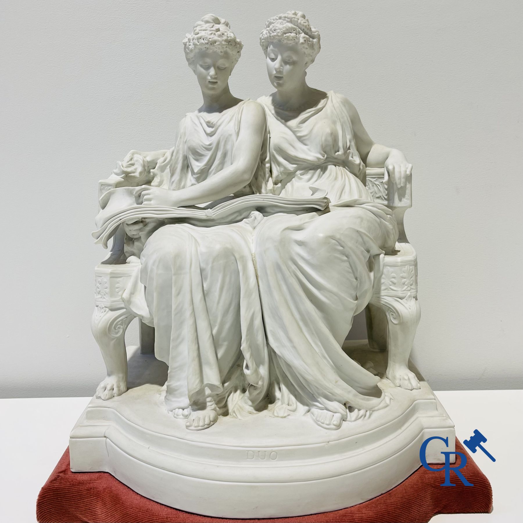 Edouard Lantéri  (1848-1917)  "Duo" Imposing statue in white biscuit in Neoclassical style on a matching pedestal.