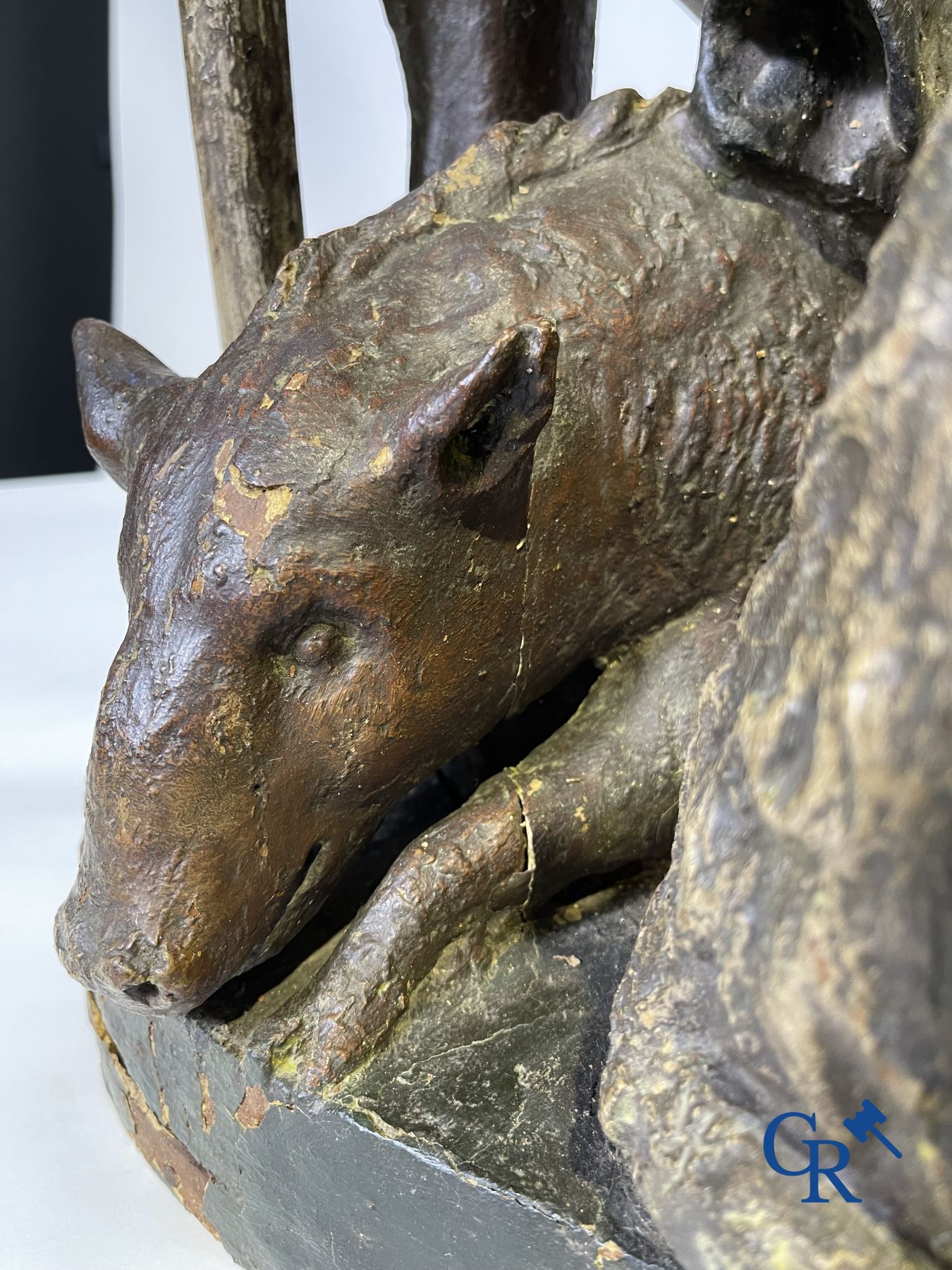 Imposing 17th century polychrome wooden statue of a Saint accompanied by a cow, a pig and a sheep.