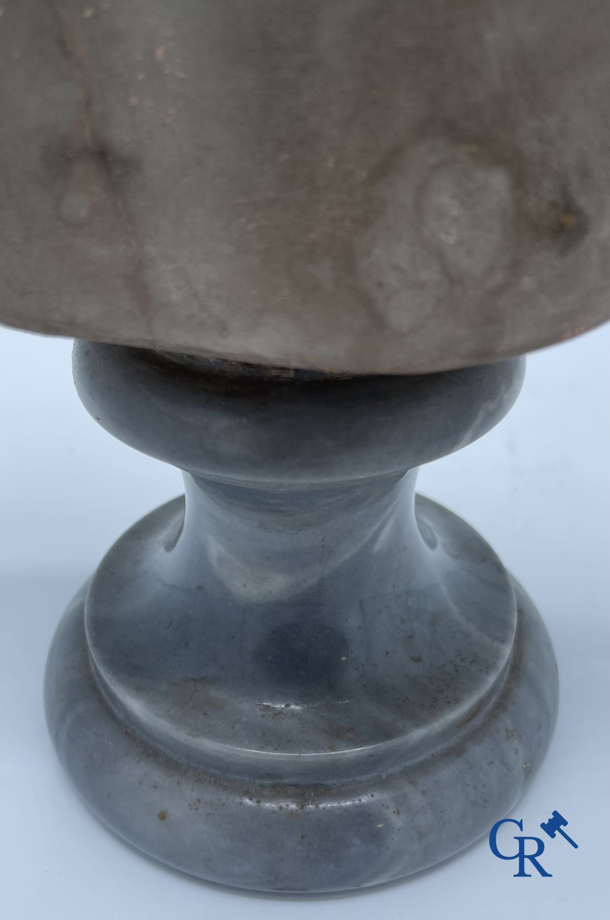 A bust in terre cuite on a blue gray marble pedestal. 19th century.