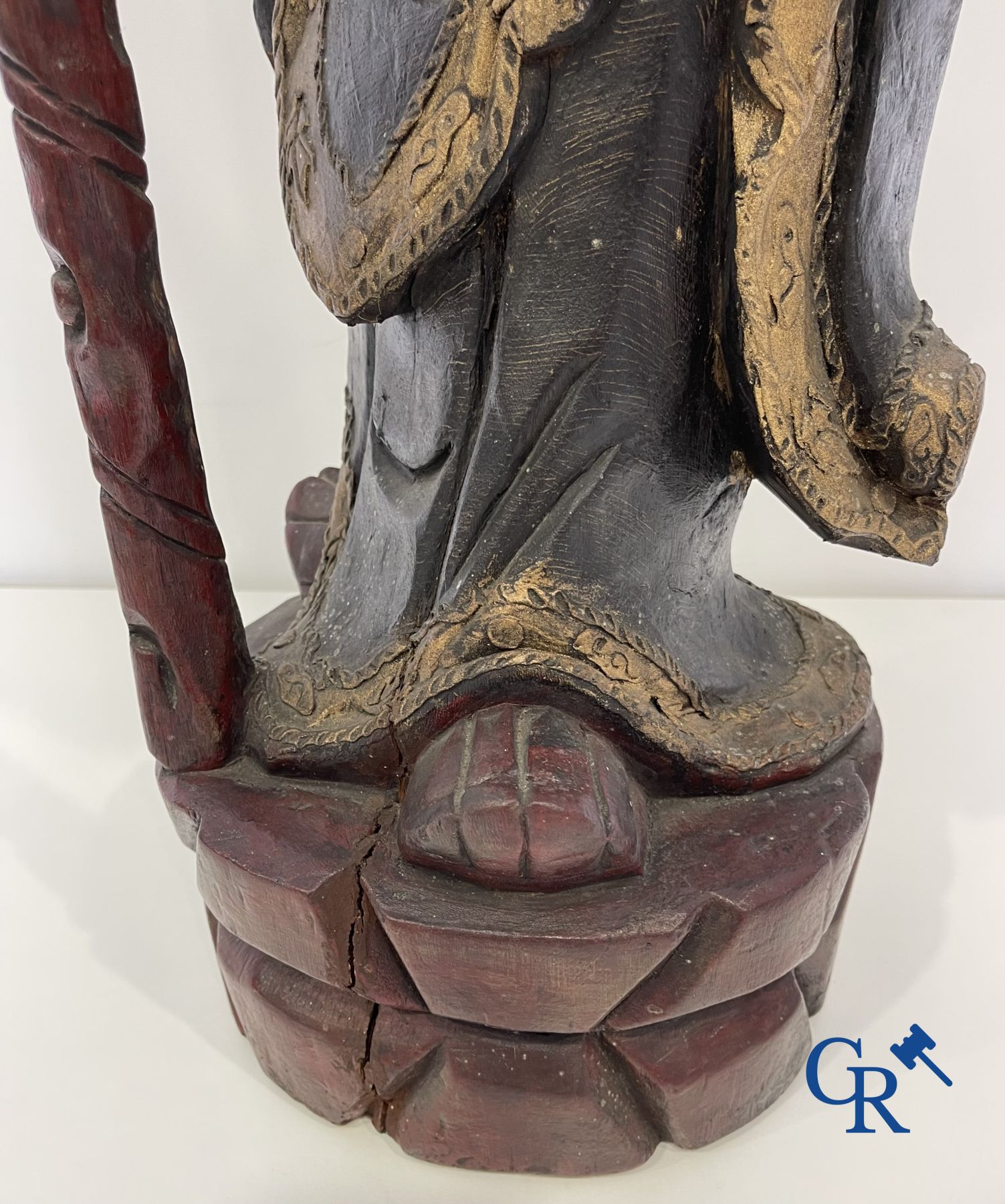 Asian Art: A lot of 6 Chinese wooden pedestals and a large wood-carved Chinese sage.