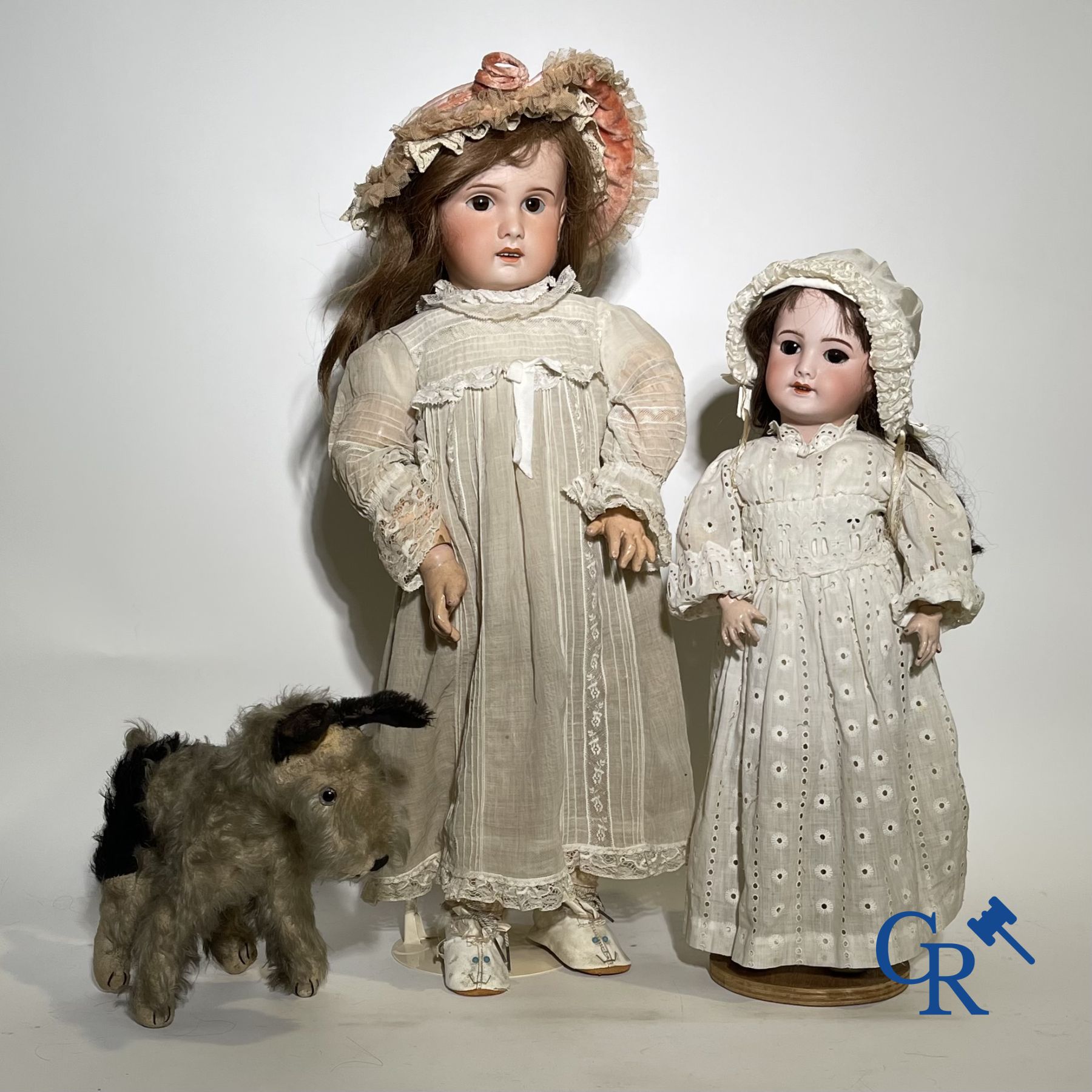 Jouets: poupées anciennes: 2 poupées tête porcelaine et un chien en peluche.
