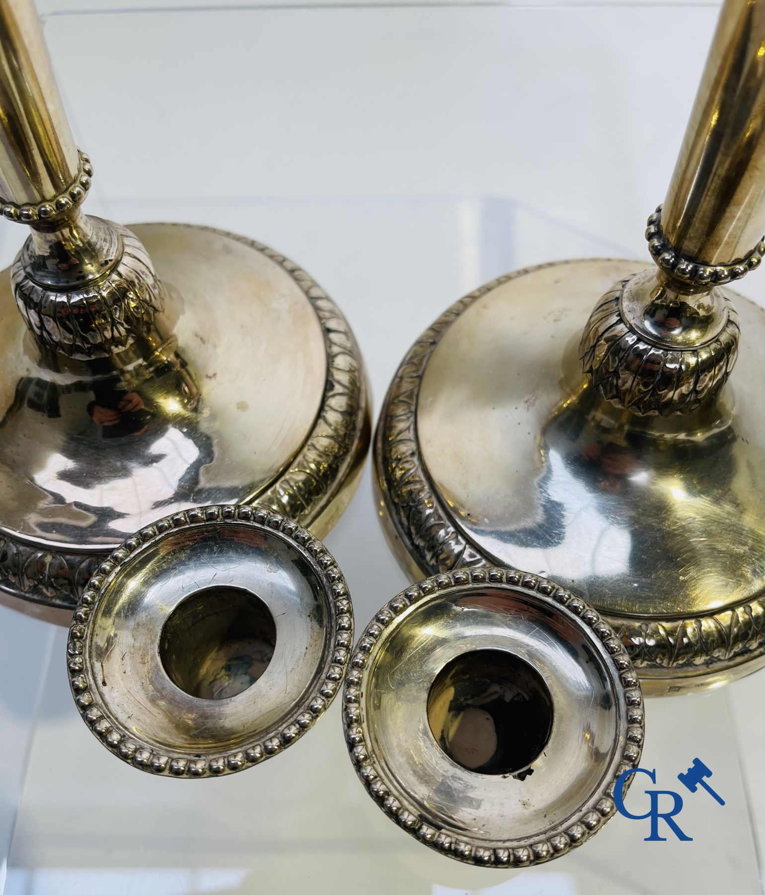 Silver: Pair of silver candlesticks probably Namur, Jean-Baptiste Fallon.