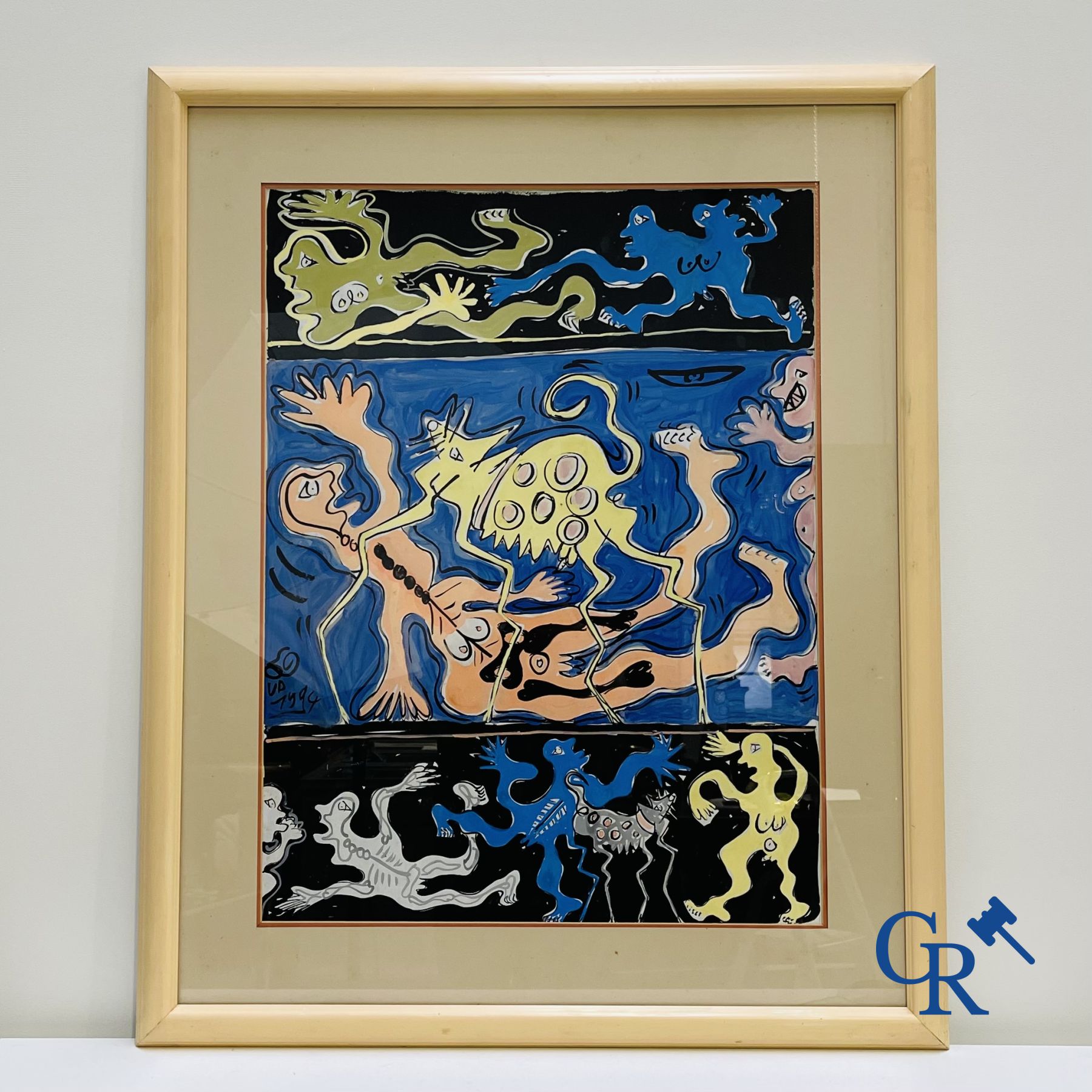 Dimitri Van Coillie: 2 œuvres modernes, huile sur papier et un tirage sur soie signé illisible.