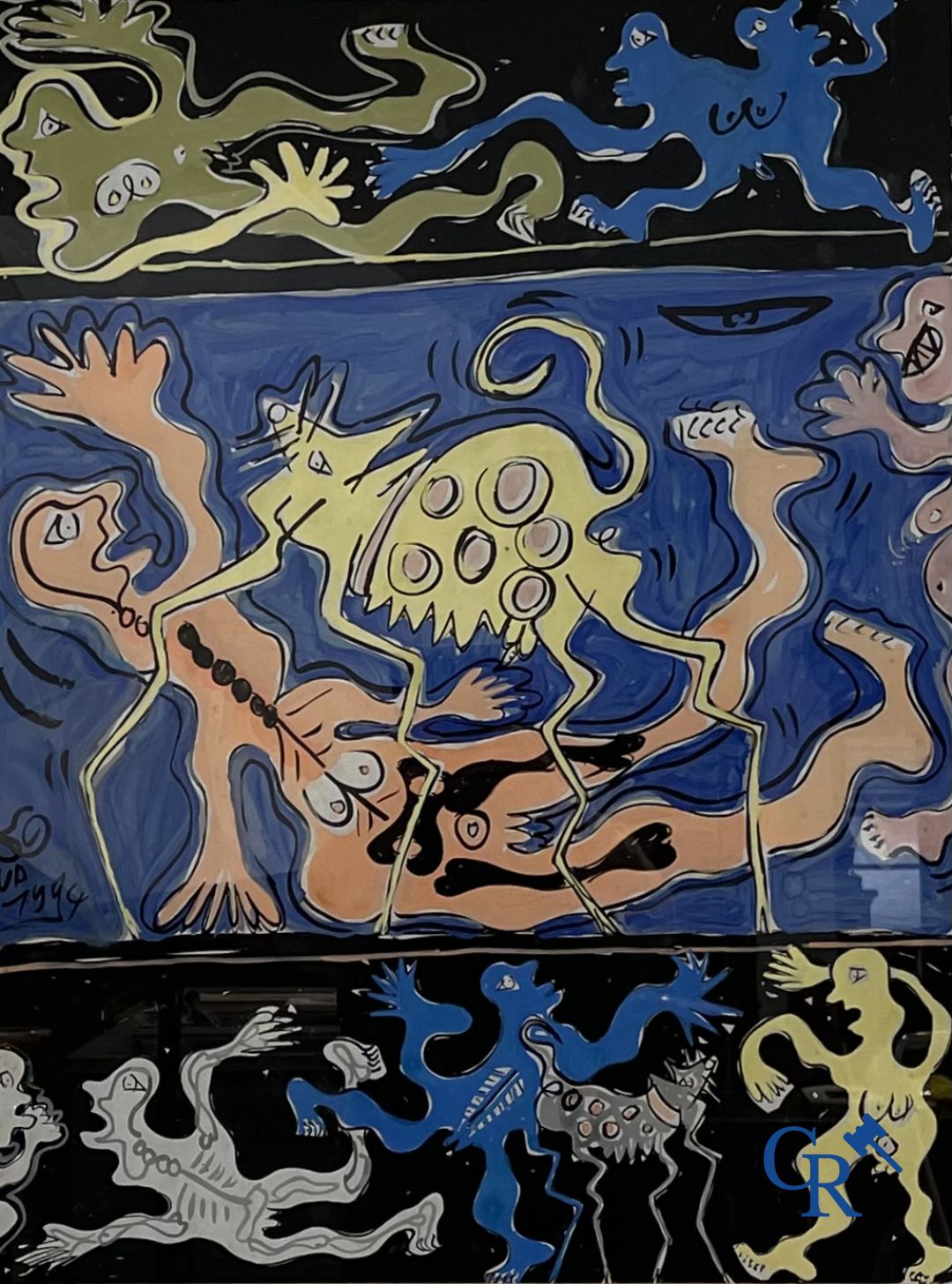 Dimitri Van Coillie: 2 œuvres modernes, huile sur papier et un tirage sur soie signé illisible.