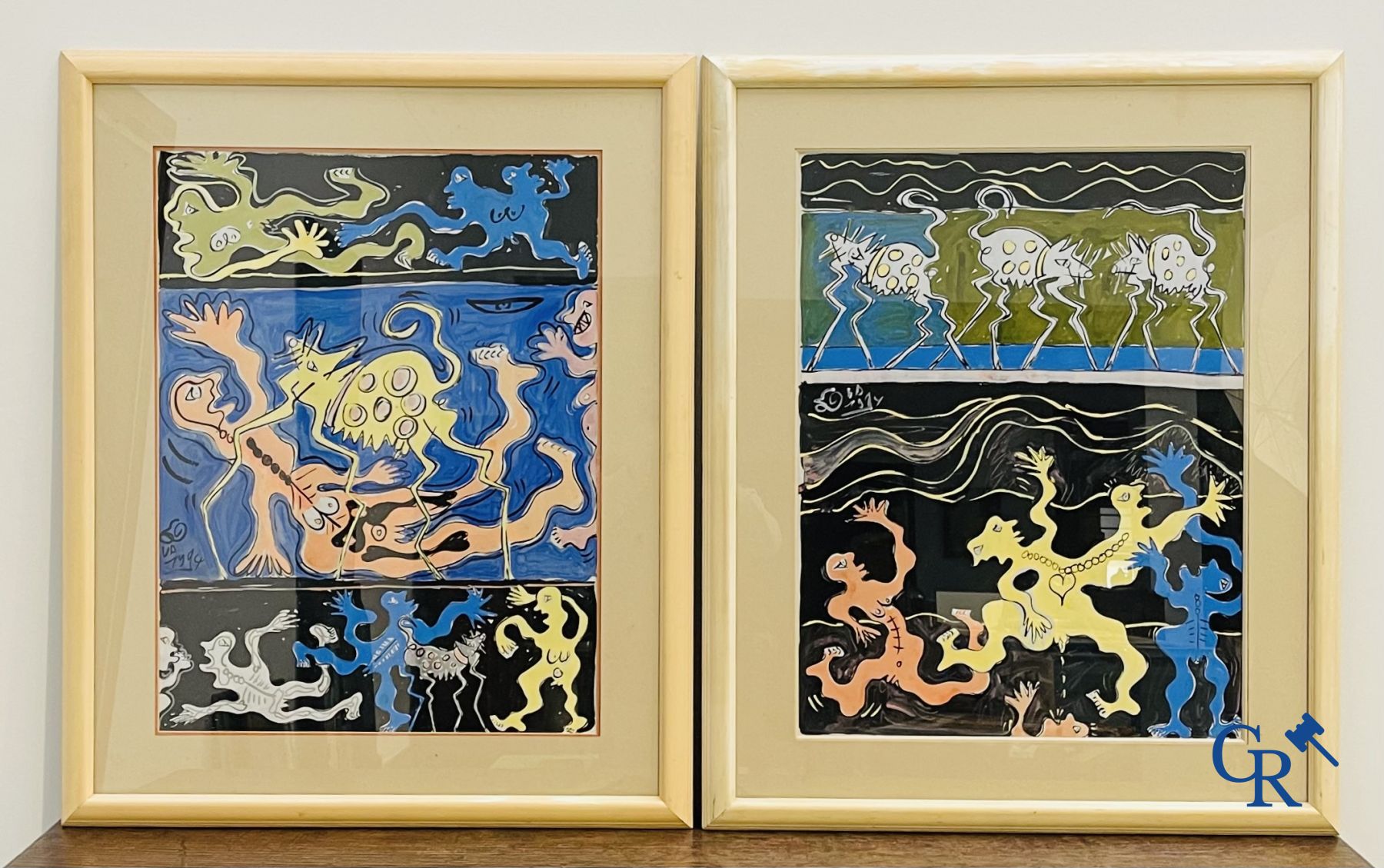 Dimitri Van Coillie: 2 œuvres modernes, huile sur papier et un tirage sur soie signé illisible.