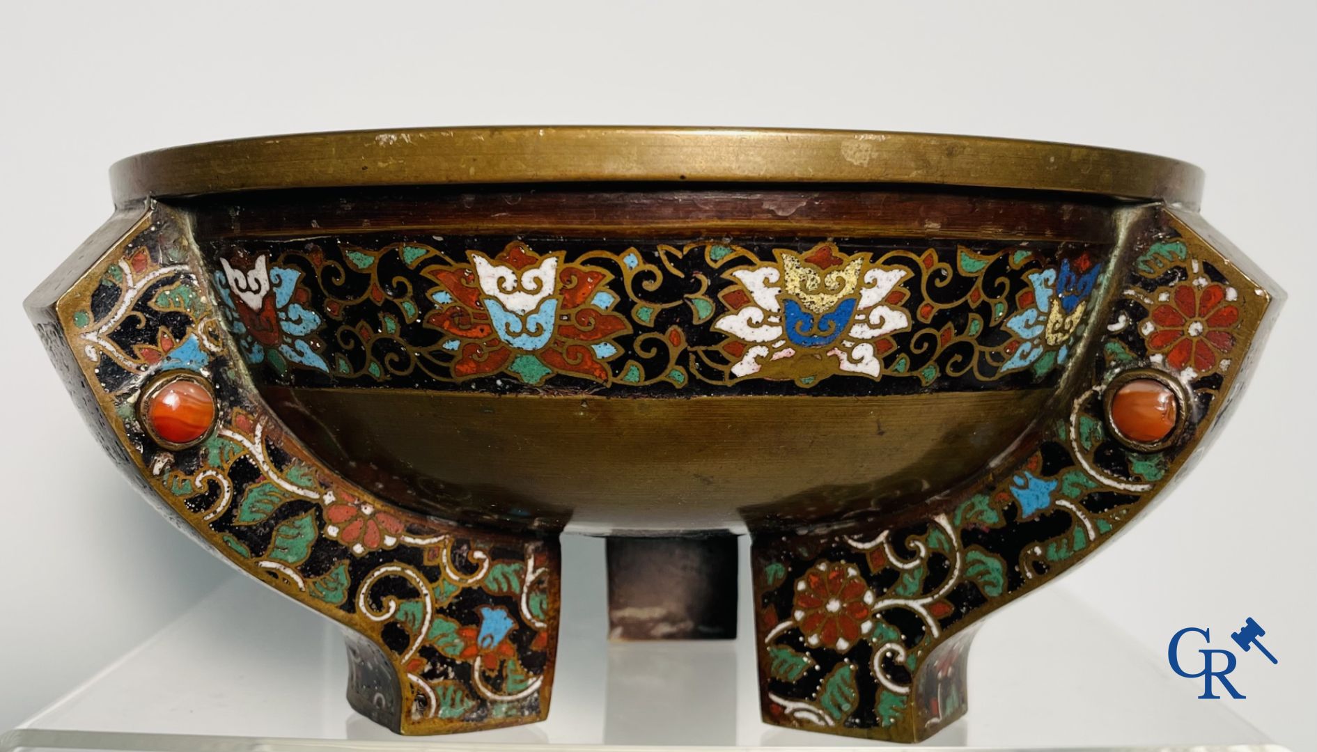 Asian Art: A three-legged bronze and cloisonne incense burner. Marked.