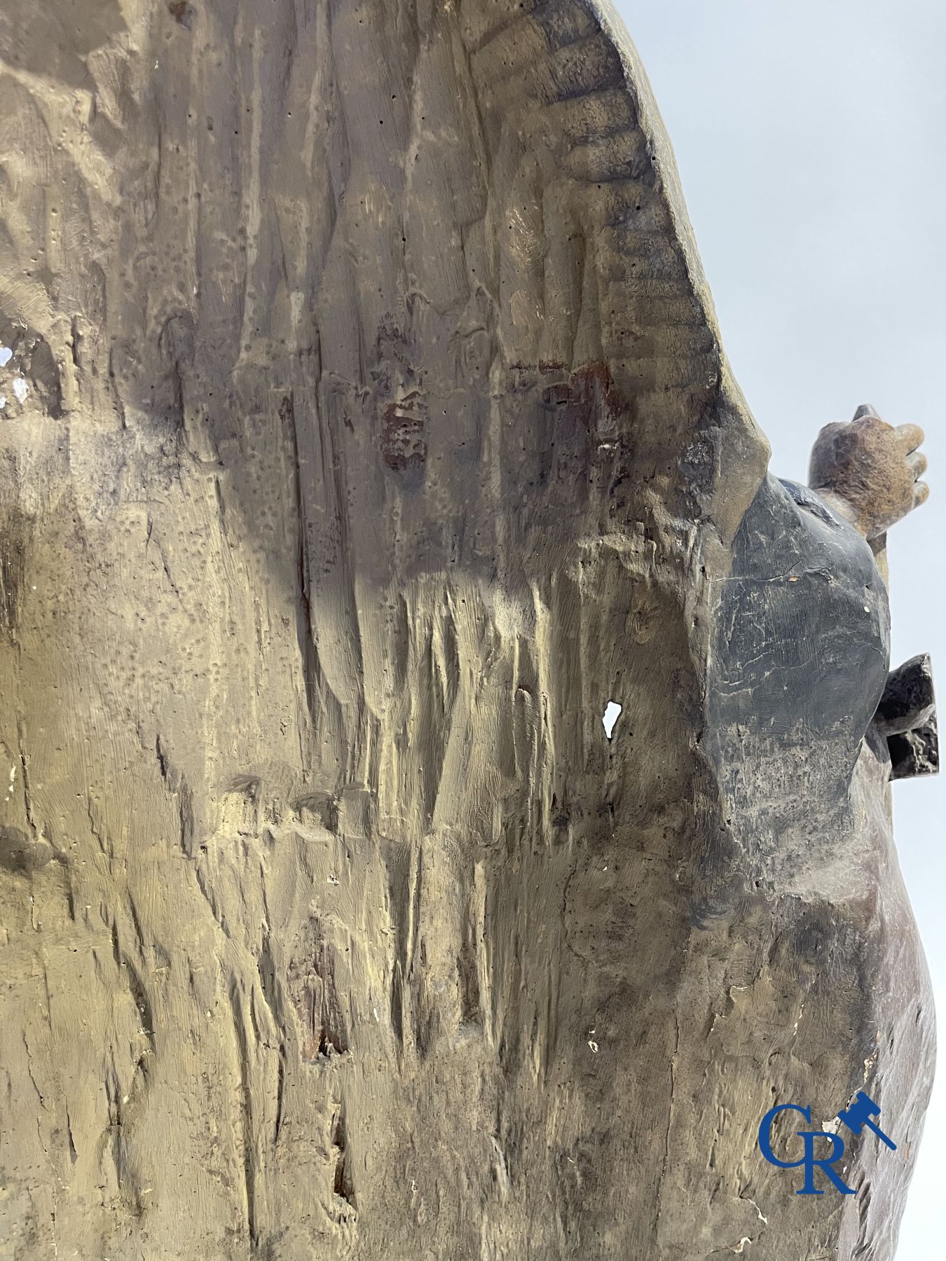 Imposing 17th century polychrome wooden statue of a Saint accompanied by a cow, a pig and a sheep.