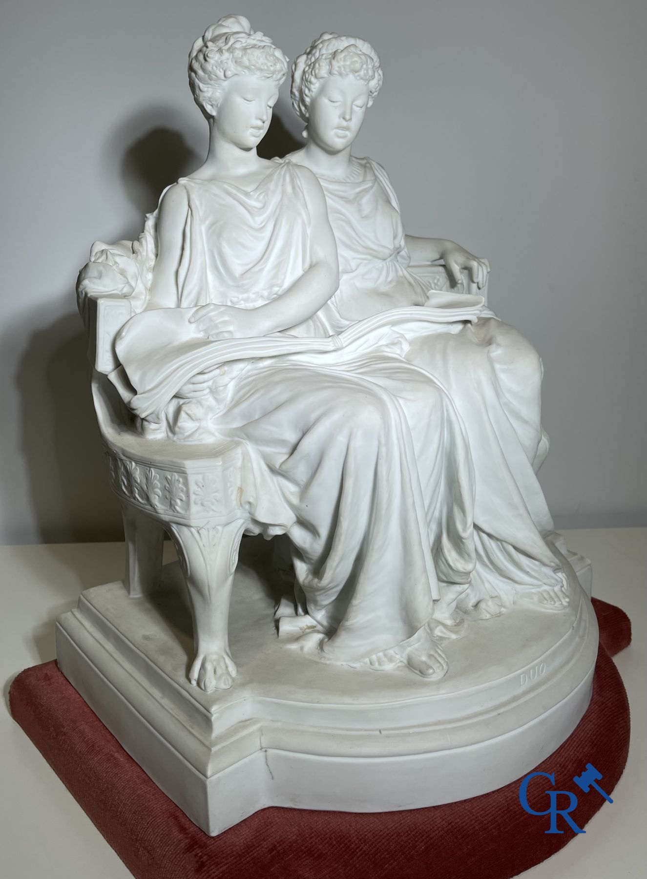 Edouard Lantéri  (1848-1917)  "Duo" Imposing statue in white biscuit in Neoclassical style on a matching pedestal.