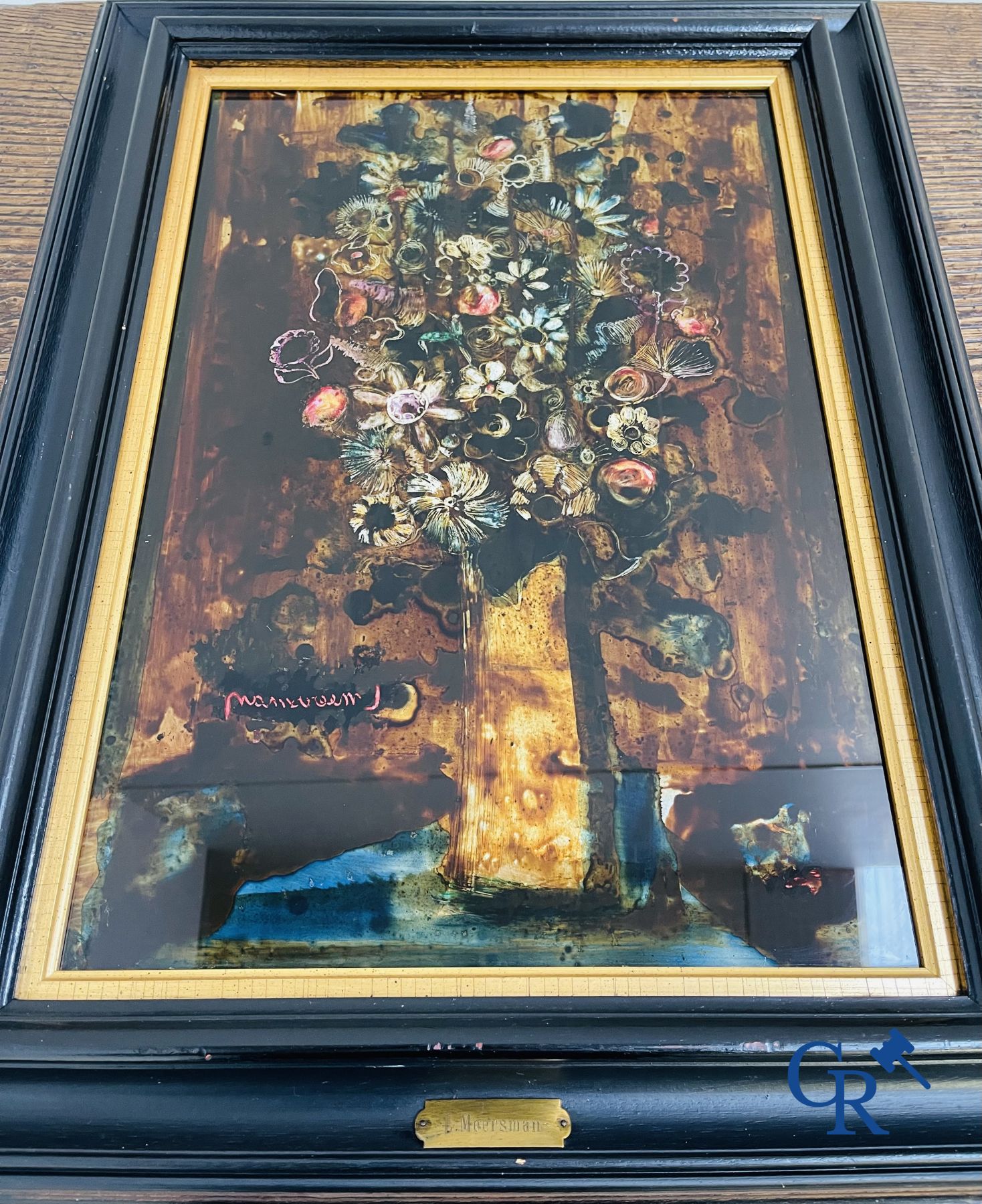 A lot of 2 églomisé paintings, a work by Anto Diez and an illegibly signed work.