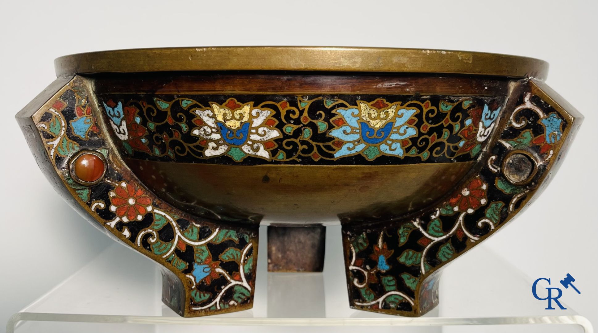Asian Art: A three-legged bronze and cloisonne incense burner. Marked.