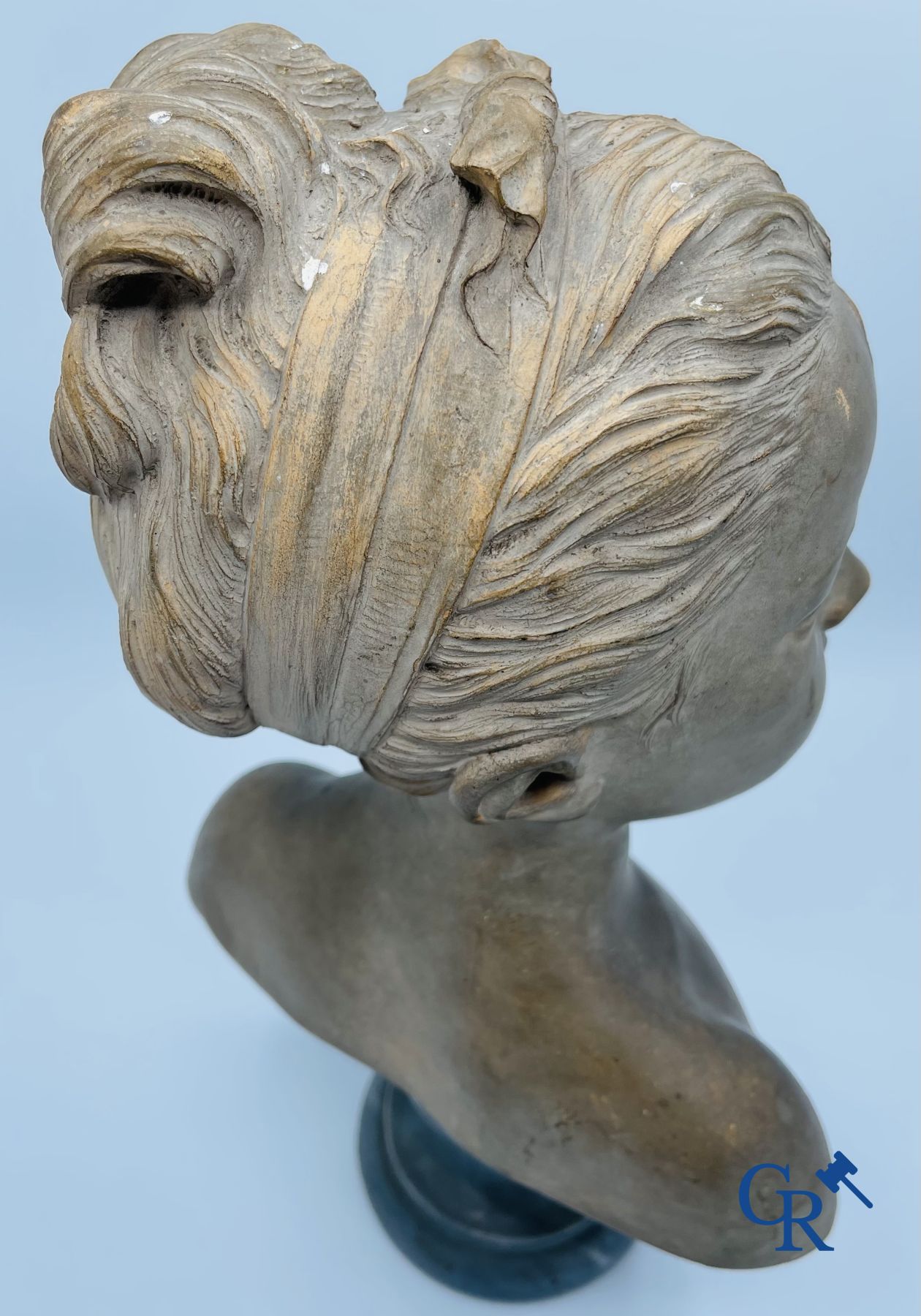 A bust in terre cuite on a blue gray marble pedestal. 19th century.