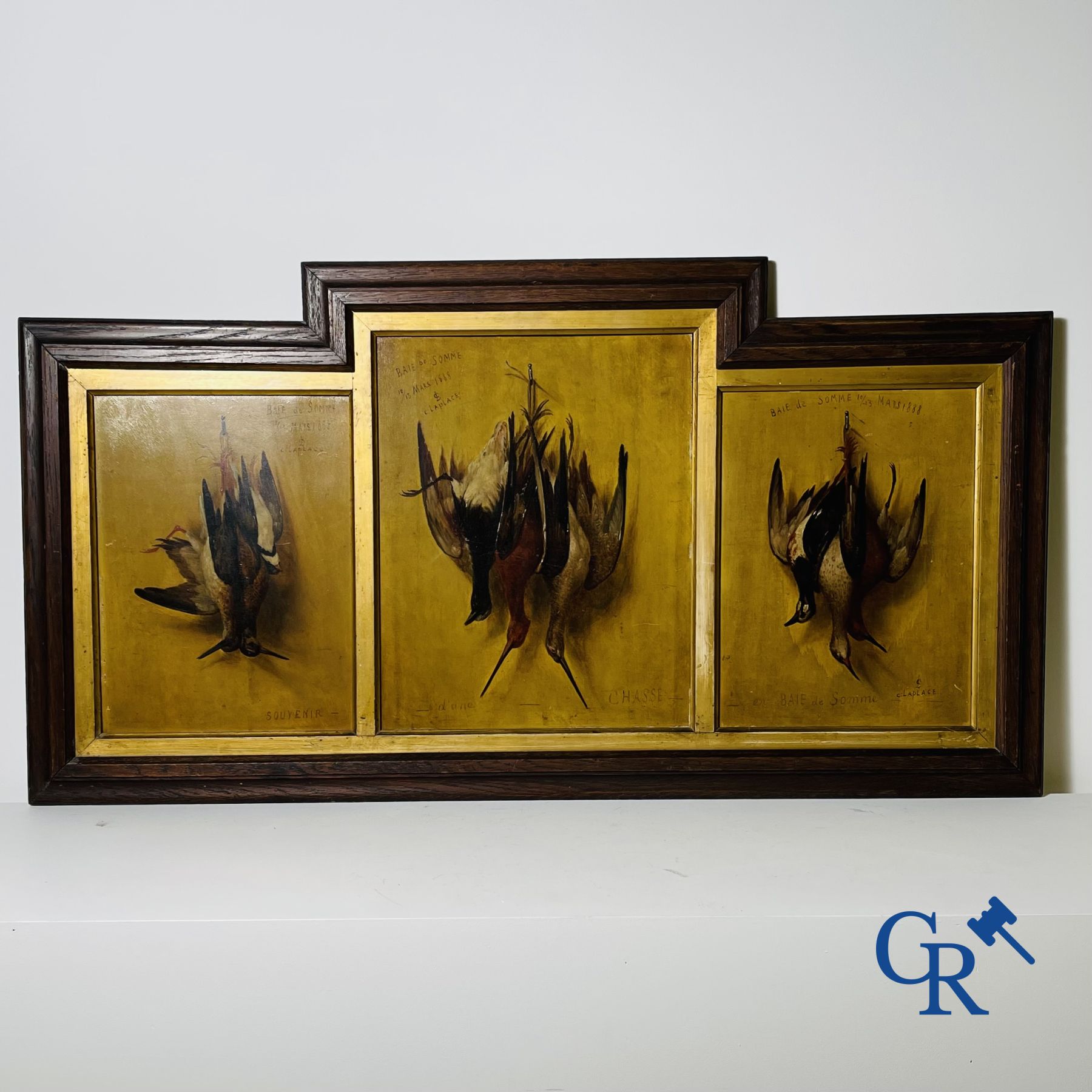 Peintures: Clément Laplage. Huile sur panneau. 3 natures mortes de chasse.