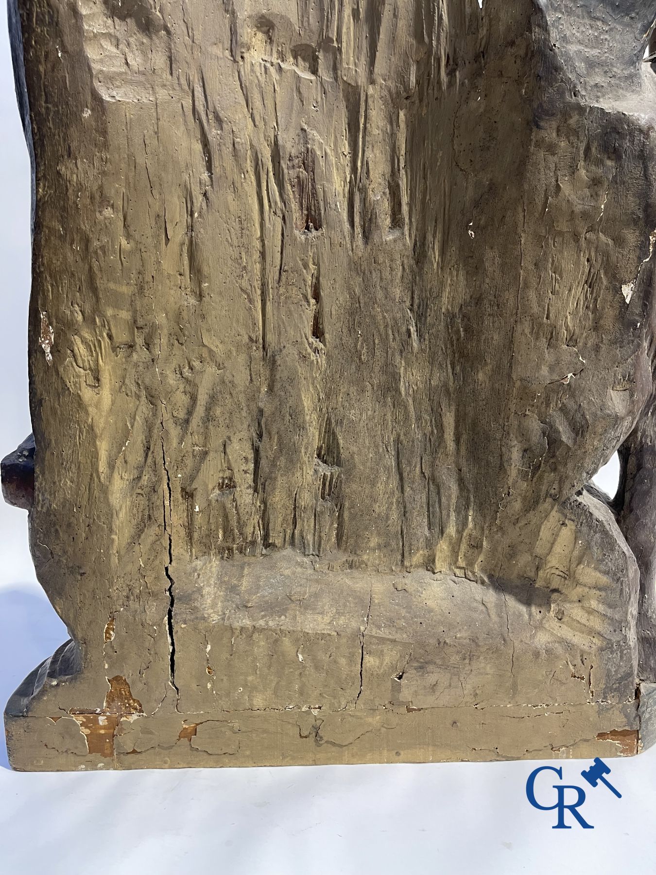 Imposing 17th century polychrome wooden statue of a Saint accompanied by a cow, a pig and a sheep.