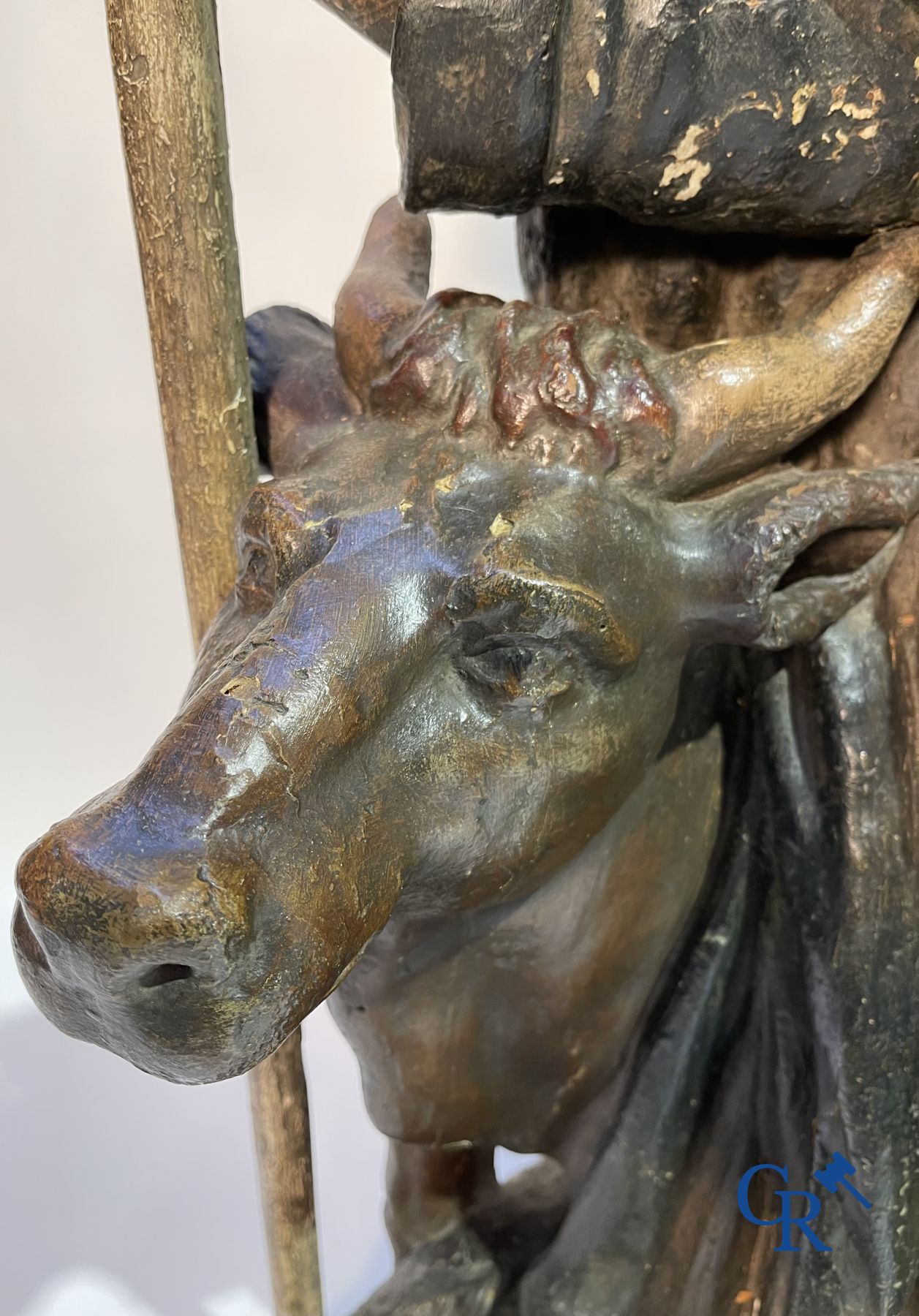Imposing 17th century polychrome wooden statue of a Saint accompanied by a cow, a pig and a sheep.