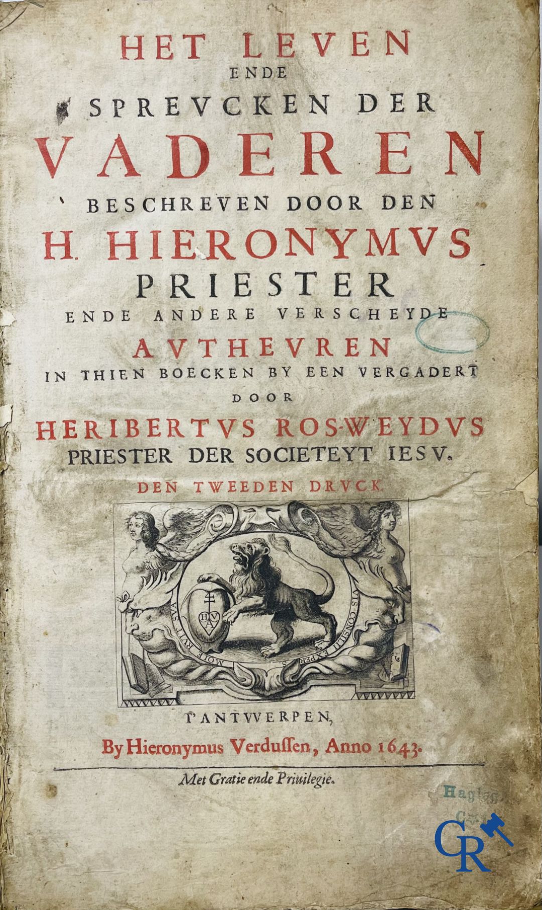 Livres anciens : Rosweydus, Heribertus. Het Leven ende spreucken der Vaderen décrit par saint Jérôme. 1643.