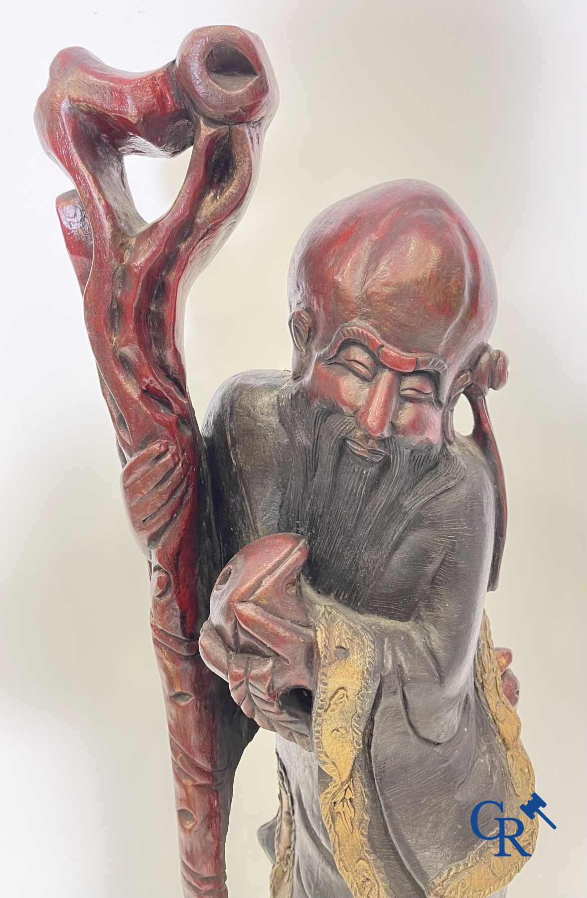 Asian Art: A lot of 6 Chinese wooden pedestals and a large wood-carved Chinese sage.