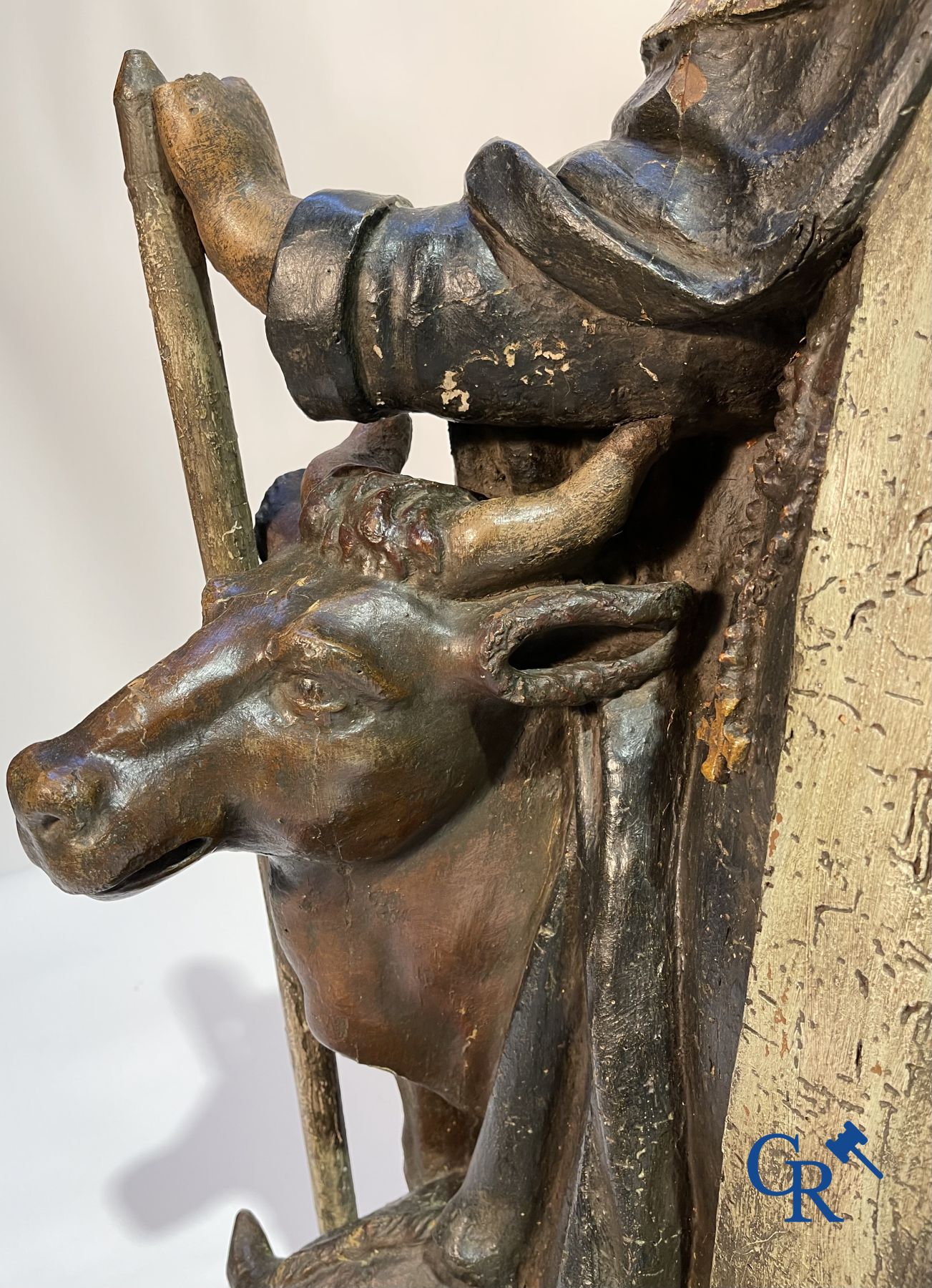 Imposing 17th century polychrome wooden statue of a Saint accompanied by a cow, a pig and a sheep.