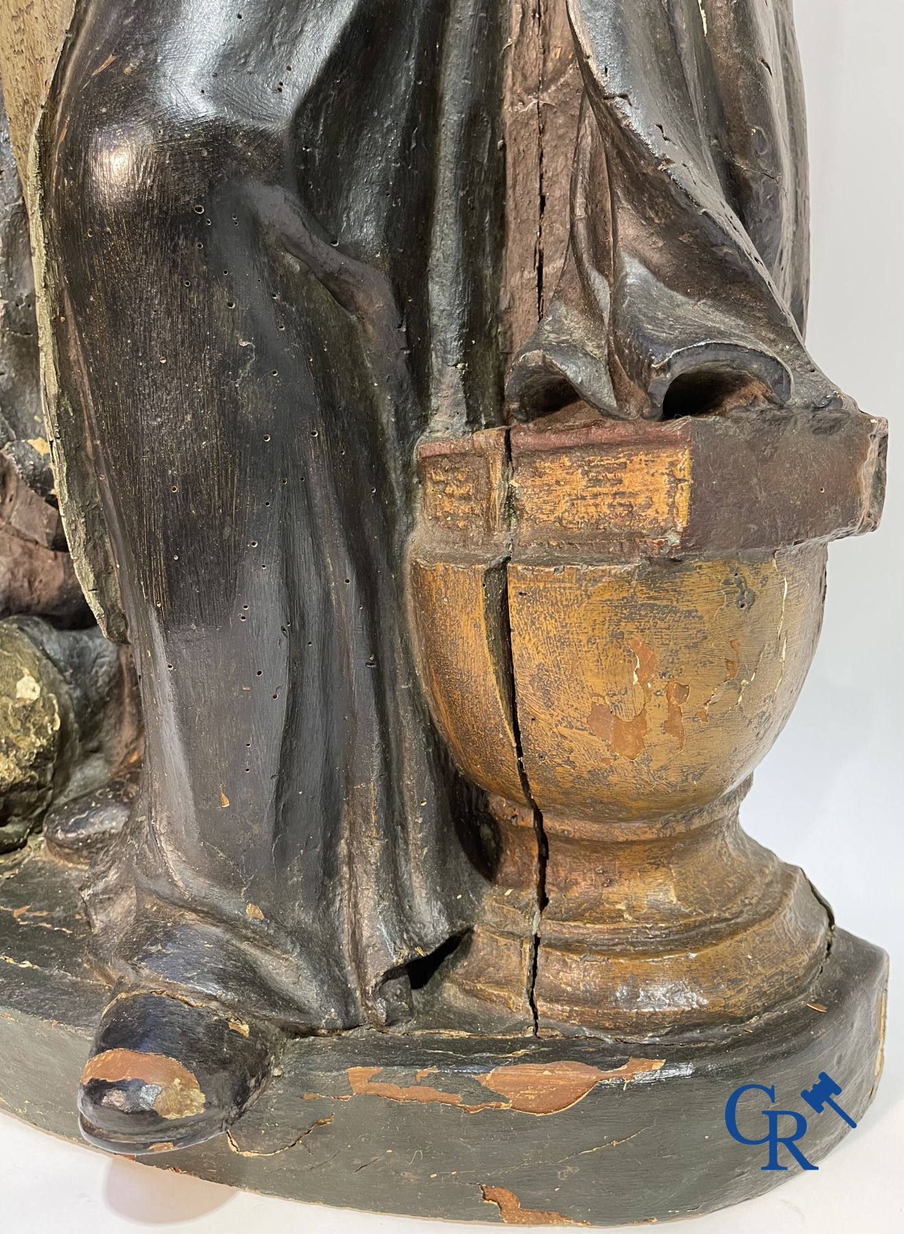 Imposing 17th century polychrome wooden statue of a Saint accompanied by a cow, a pig and a sheep.